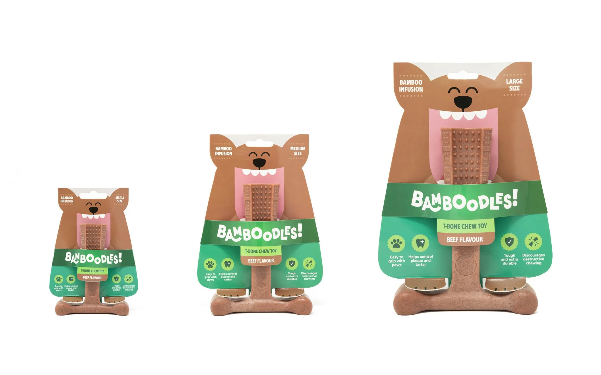 Studio product photography of Bamboodles dog chew toys in their branded packaging, demonstrating consistent product presentation for pet industry marketing, online retail and promotional materials.
