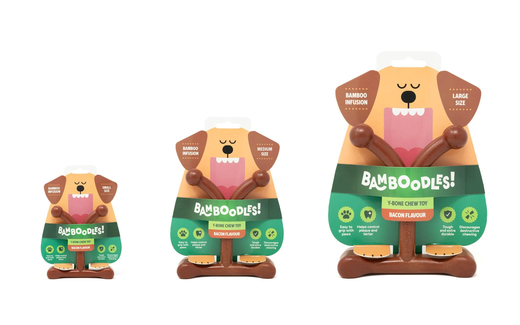 Commercial product photography featuring Bamboodles dog chew toys in illustrated brown and green packaging, highlighting the brand's distinctive packaging design for e-commerce and advertising.