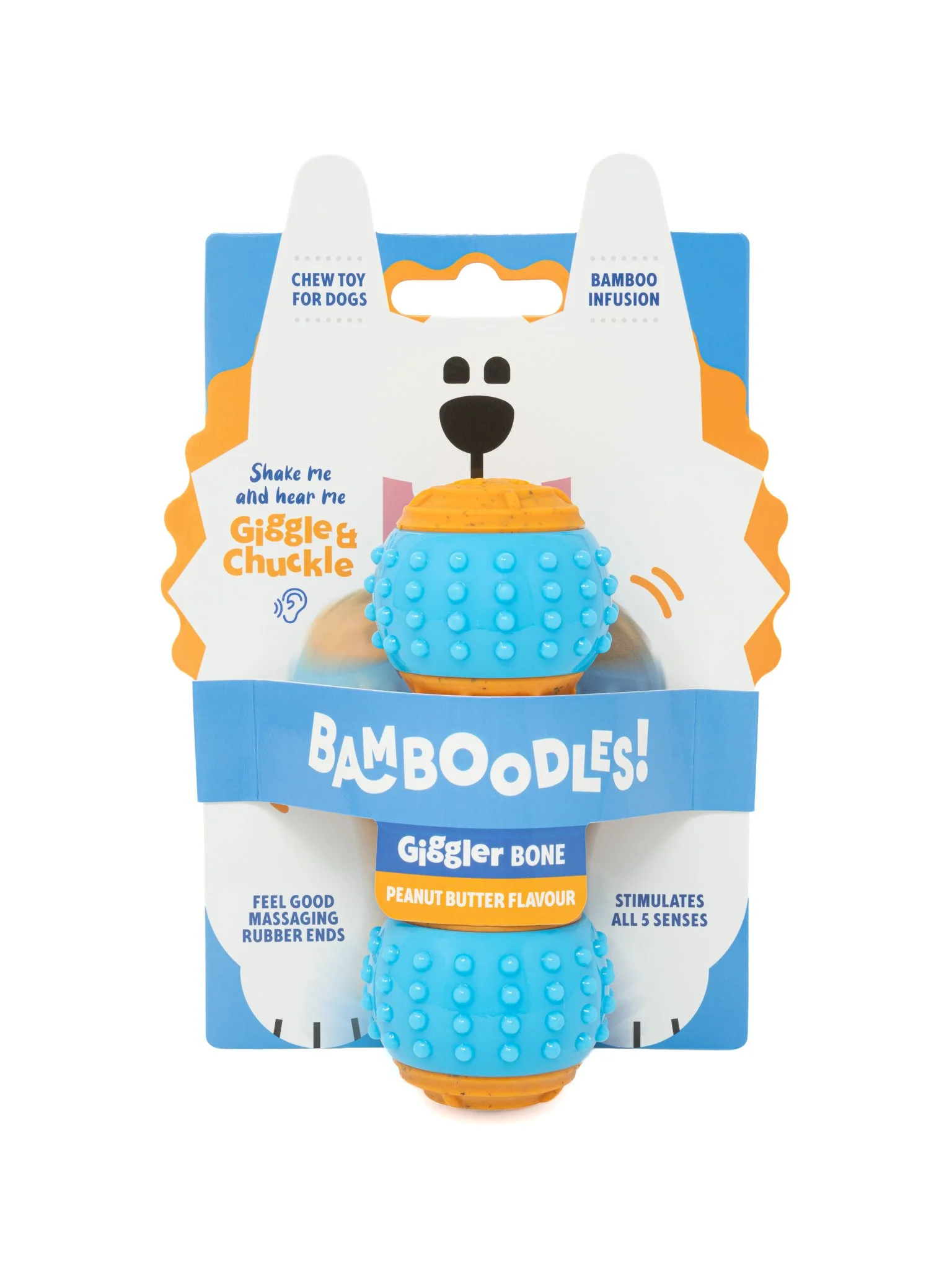 Commercial studio photography featuring the Bamboodles Giggler Bone dog toy displayed in its branded retail packaging. Captured against a white background to highlight the product's shape, colours and packaging details, providing clear, professional 