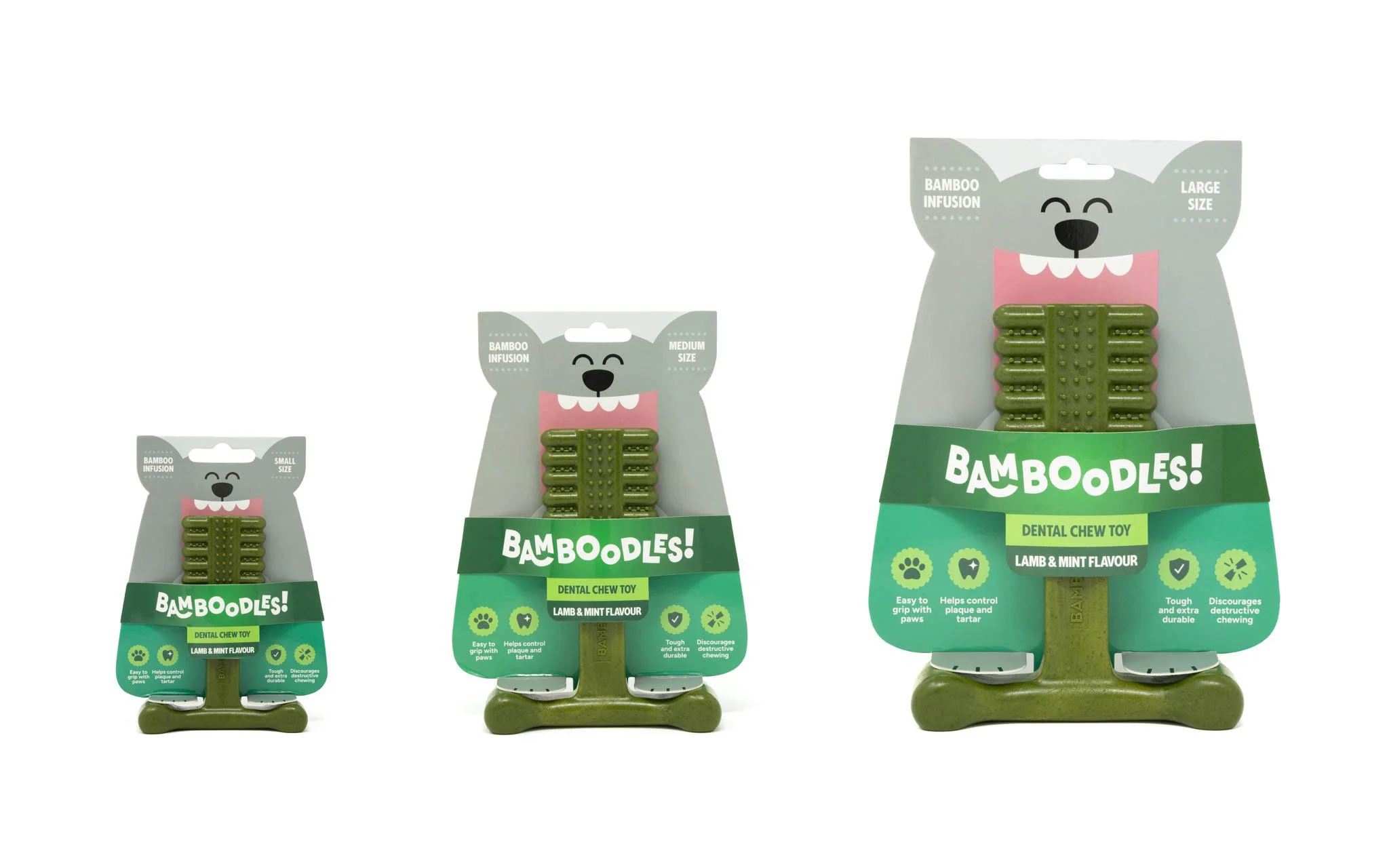 Studio product photography of Bamboodles mint dog chew toys in their distinctive illustrated retail packaging, created for commercial product listings, catalogues and marketing campaigns.