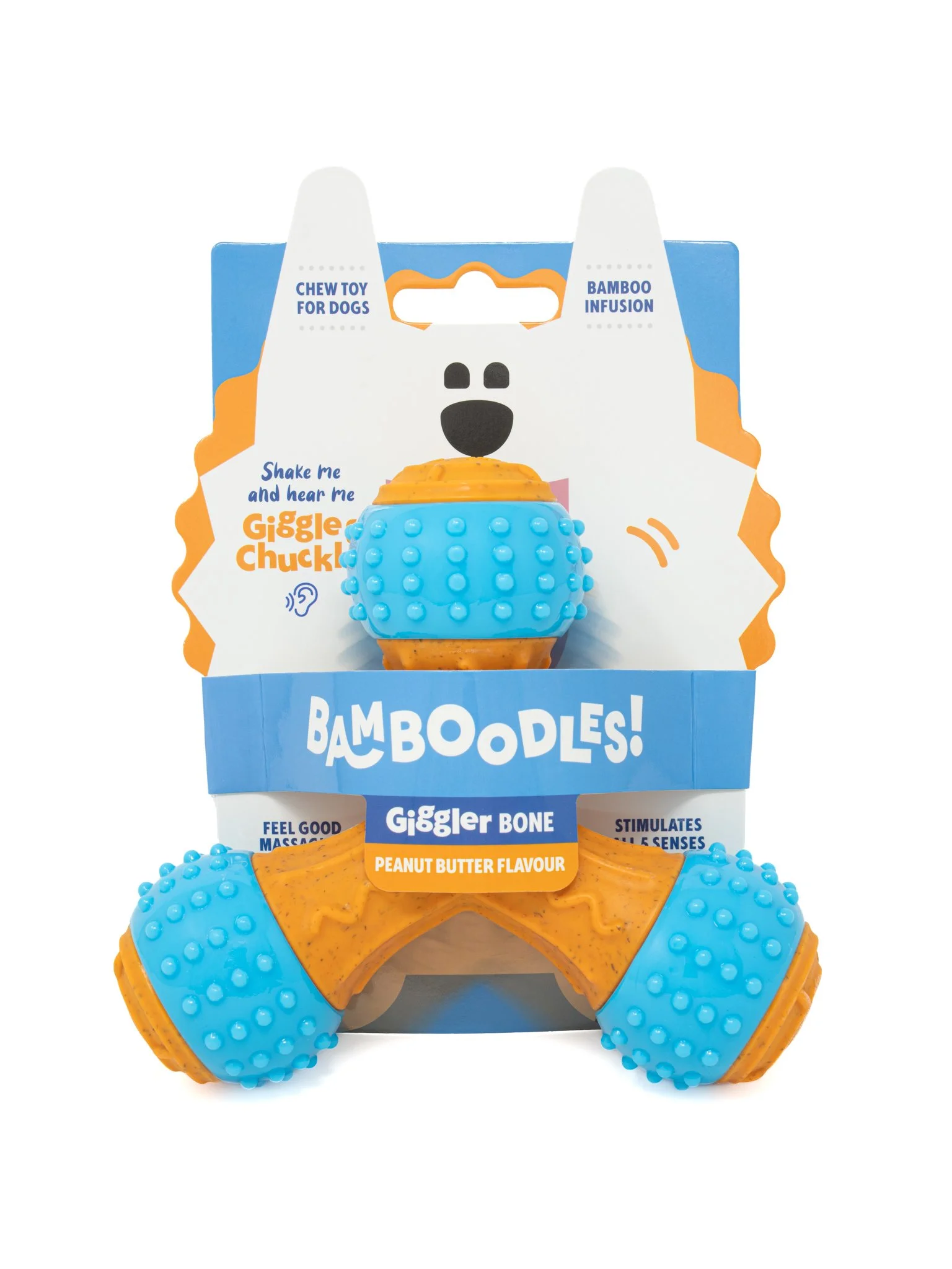 Professional studio product photography of the Bamboodles Giggler Bone in its distinctive blue and orange retail packaging, photographed against a clean white background. Created for commercial pet product marketing, showcasing the packaging design, 