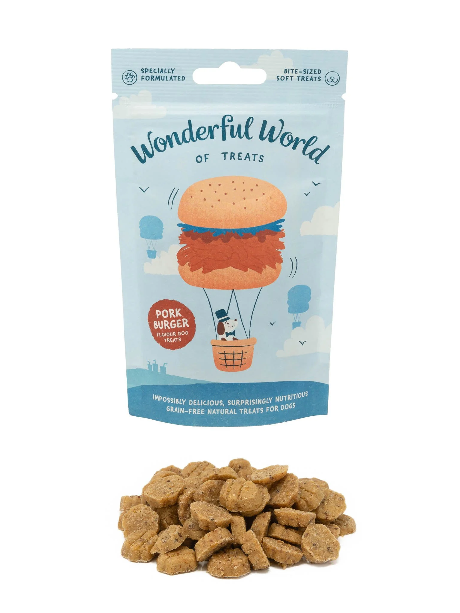 Commercial studio product photography for The Wonderful World of Treats, featuring a packet of Pork Burger flavour dog treats alongside the individual treats, arranged against a clean white background. Captured by Knightpics Photography to showcase t