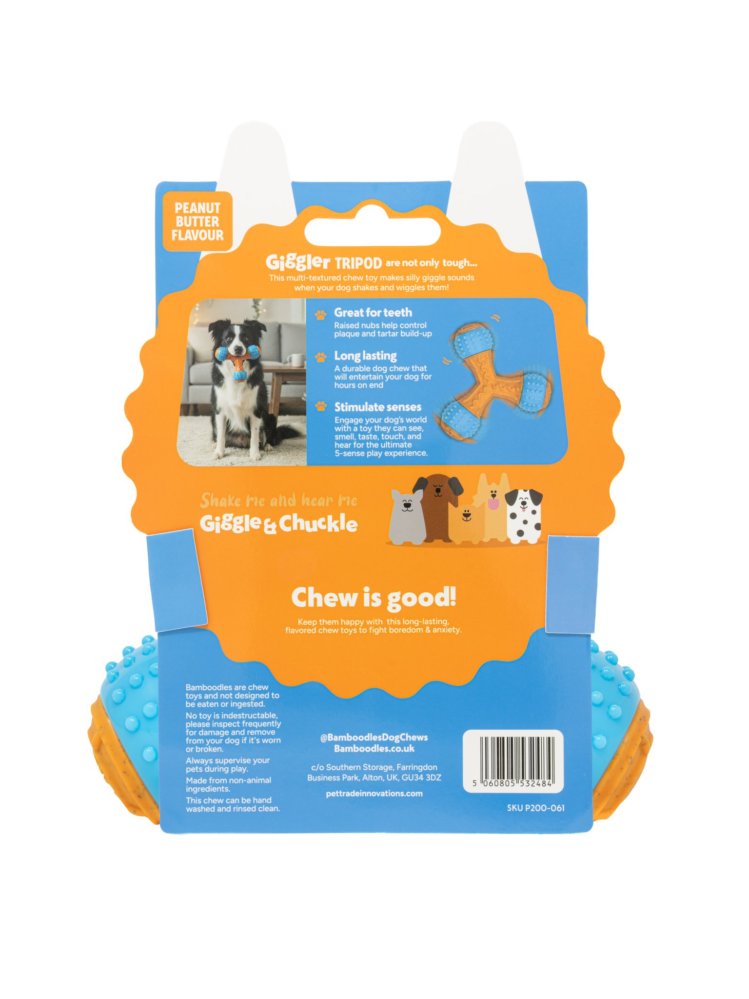 Commercial studio product photography showing the reverse of the Bamboodles Giggler Bone retail packaging, featuring product information, branding and illustrations. Created to provide pet retailers and customers with a clear view of the packaging de