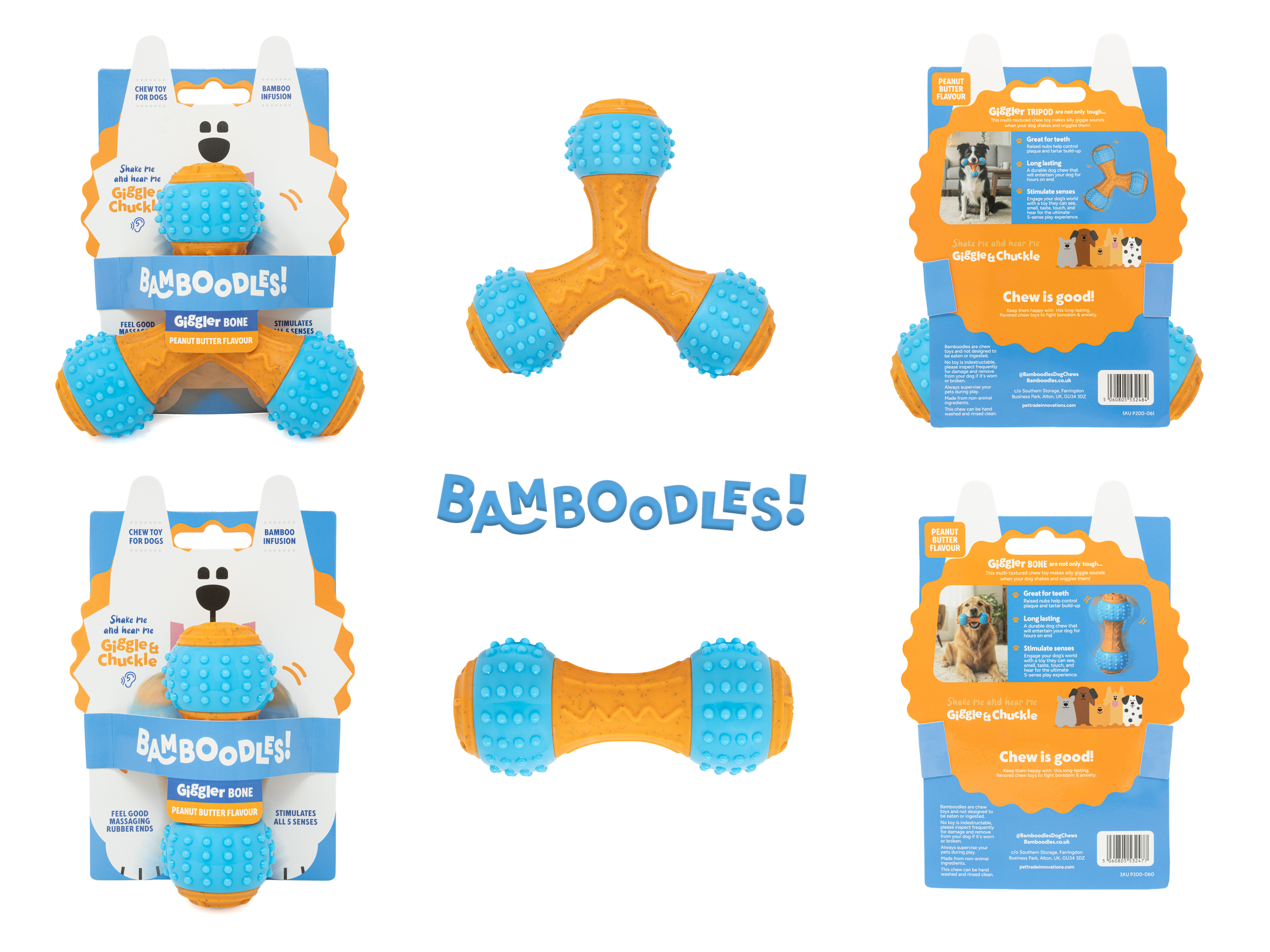 Commercial product photography showcasing the Bamboodles Giggler Bone dog toy in its orange and blue colour scheme, alongside its retail packaging and alternative product views. Created for pet brand marketing, advertising and e-commerce, demonstrati