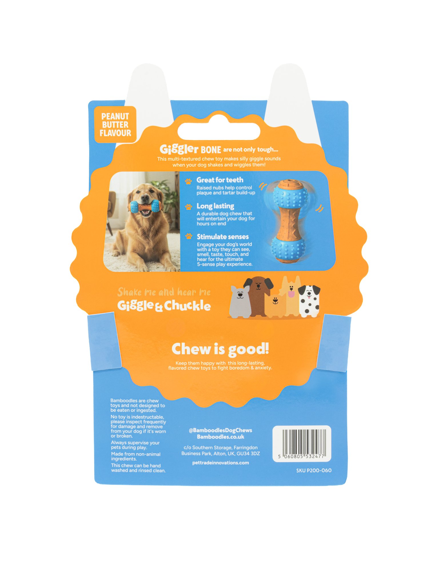 Professional product photography featuring the back of the Bamboodles Giggler Bone packaging, displaying product information and branded graphics. Photographed against a clean white background to provide consistent commercial imagery for online retai