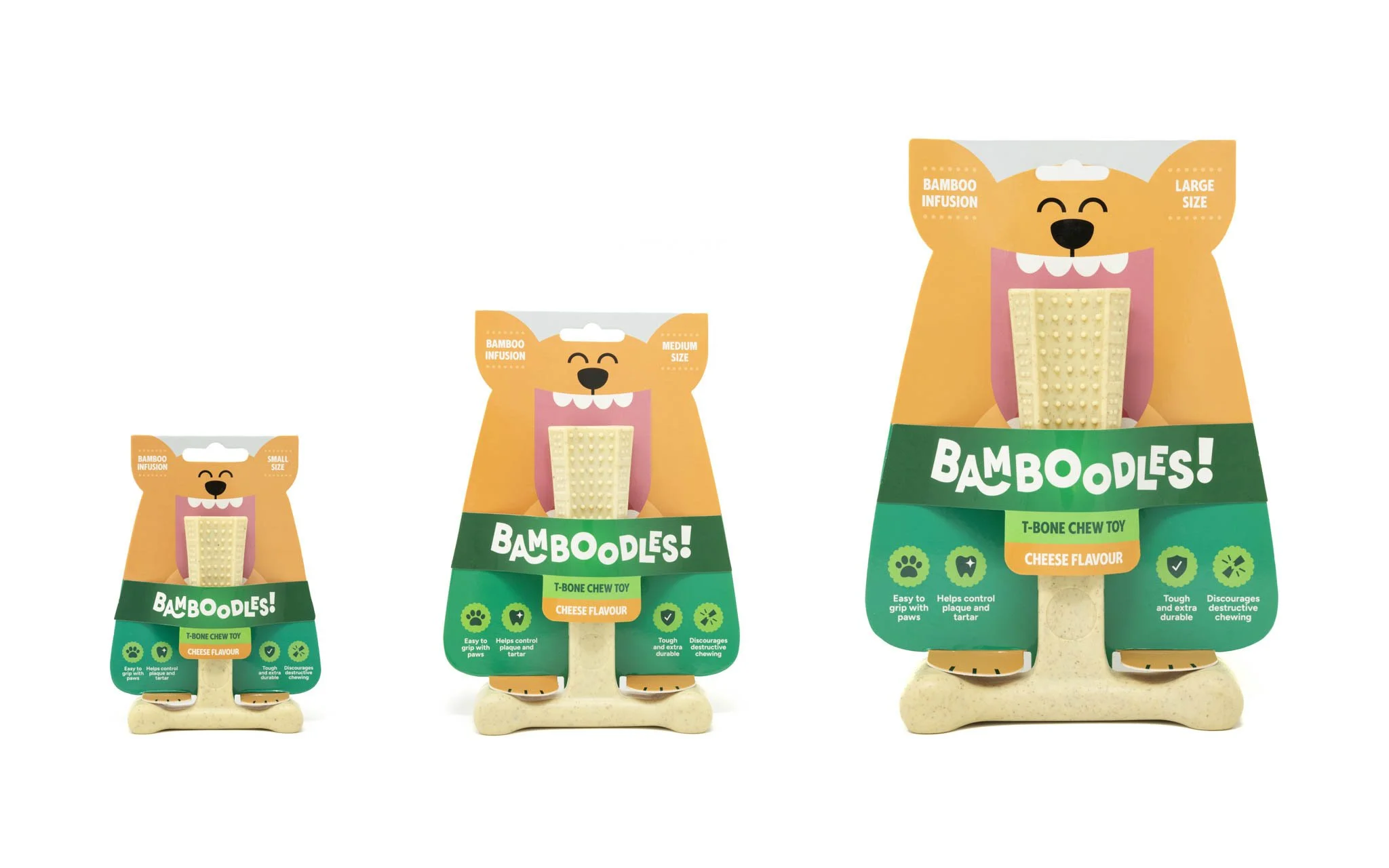 Professional product photography of Bamboodles dog chew toys in colourful retail packaging, highlighting the branding and product presentation against a clean white background.