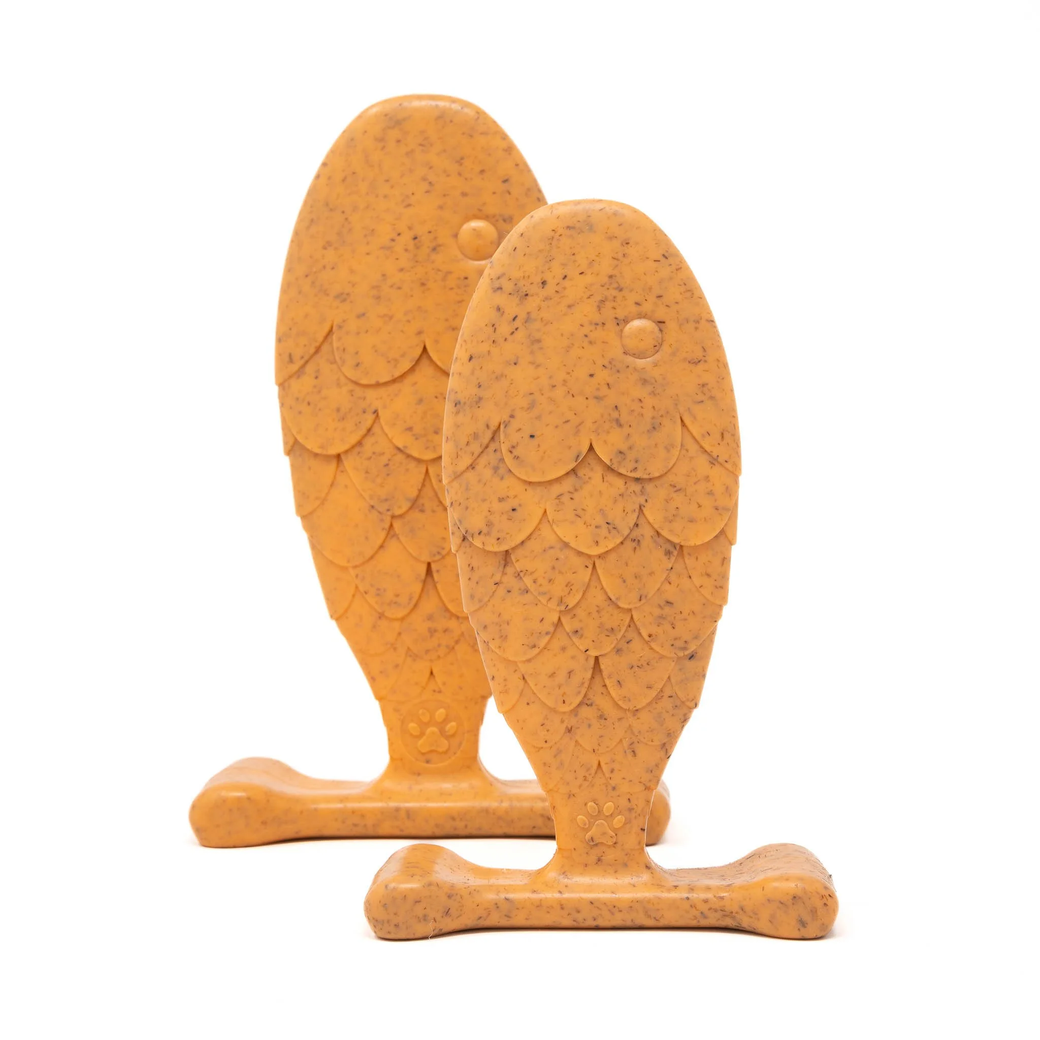 Clean studio product photography featuring two orange Bamboodles Fish Chew dog toys against a white background, showcasing their shape, texture and design for commercial product advertising.