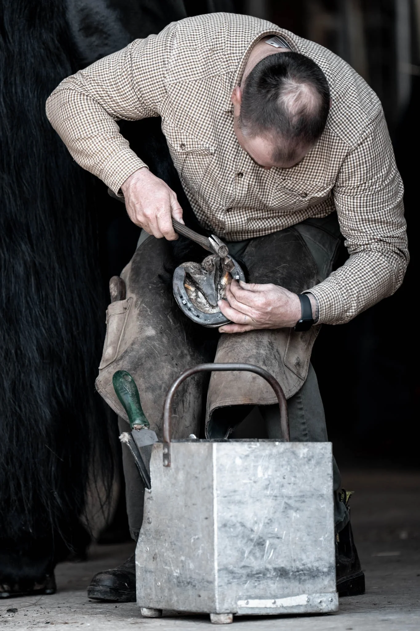 Professional photograph of a farrier working on a horse’s hoof, highlighting precision, technique, and care. Captured by Knightpics Photography to showcase equine industry expertise and commercial photography services for businesses, brands, and trad