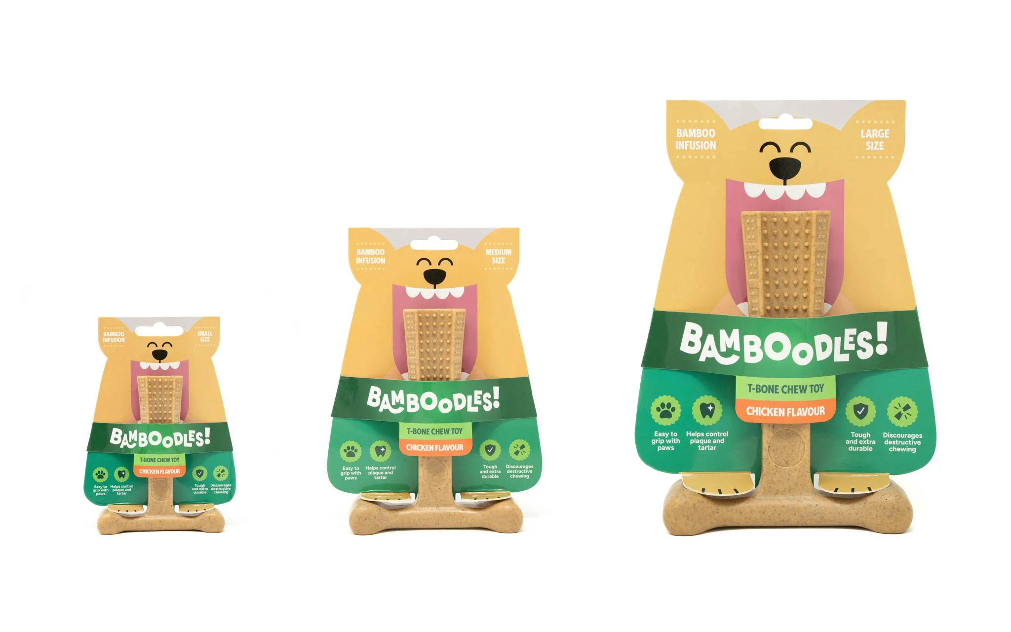 Commercial studio photography featuring Bamboodles dog chew toys in yellow and green illustrated packaging, created to showcase the product range for e-commerce and brand marketing.