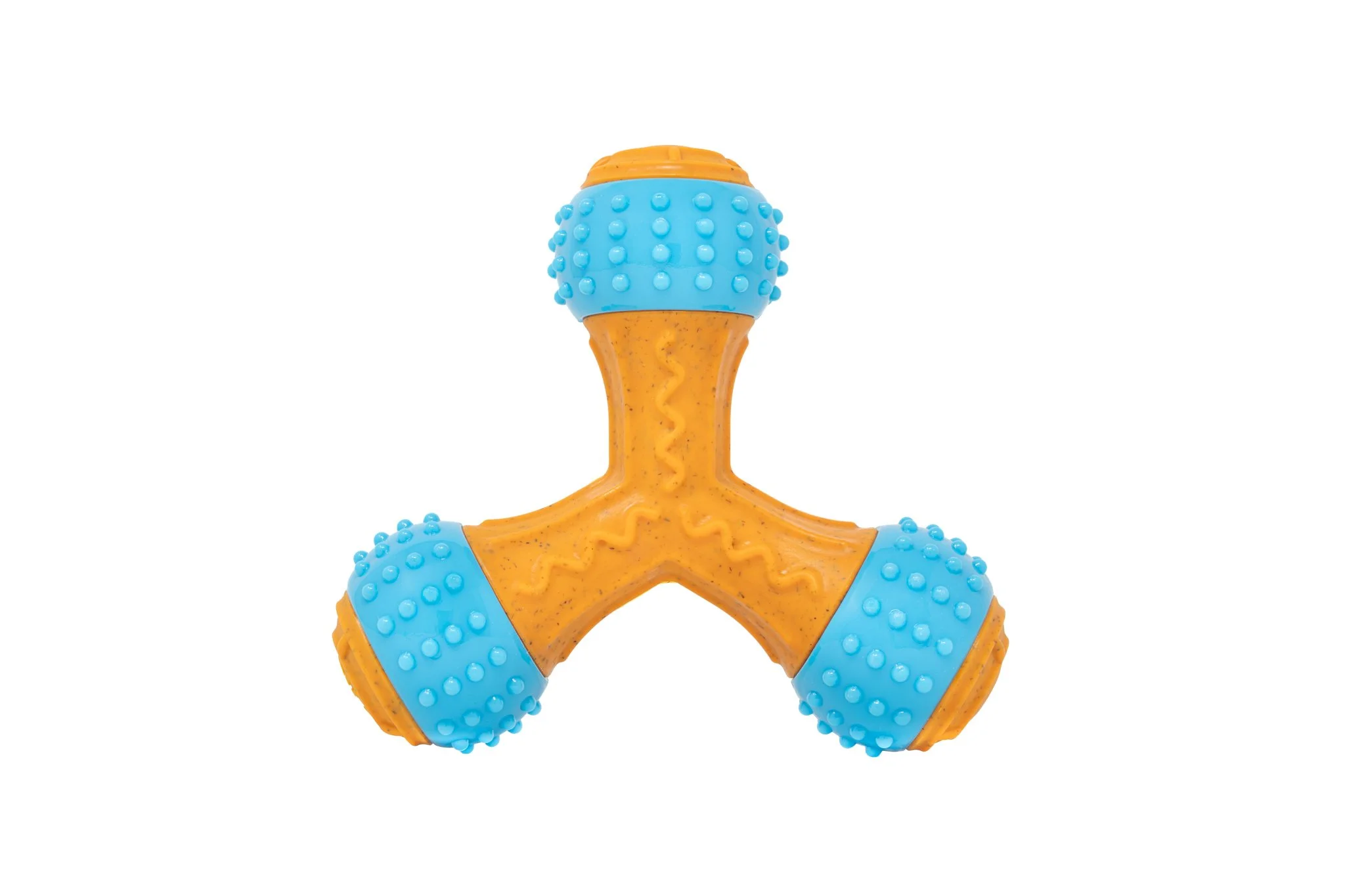 Professional studio product photograph of the orange and blue Bamboodles Giggler Bone dog toy isolated against a white background. Highlighting its distinctive three-ended shape and textured blue sections, this clean commercial image is suitable for 