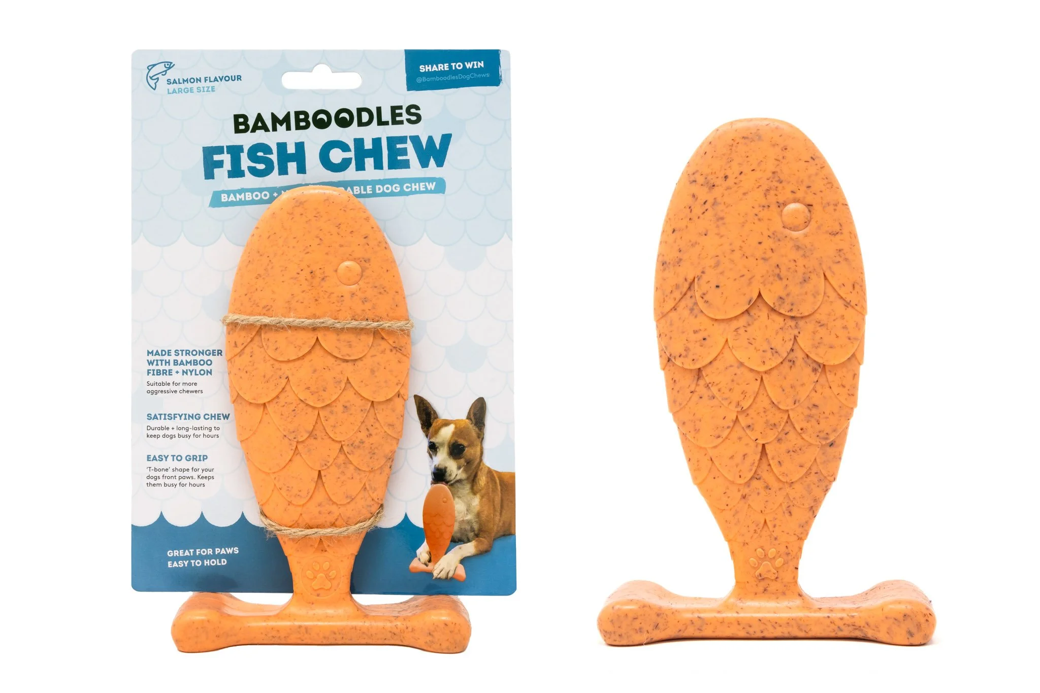 Commercial studio photography displaying the Bamboodles Fish Chew alongside its retail packaging, highlighting the product's design and presentation for online retail and marketing materials.