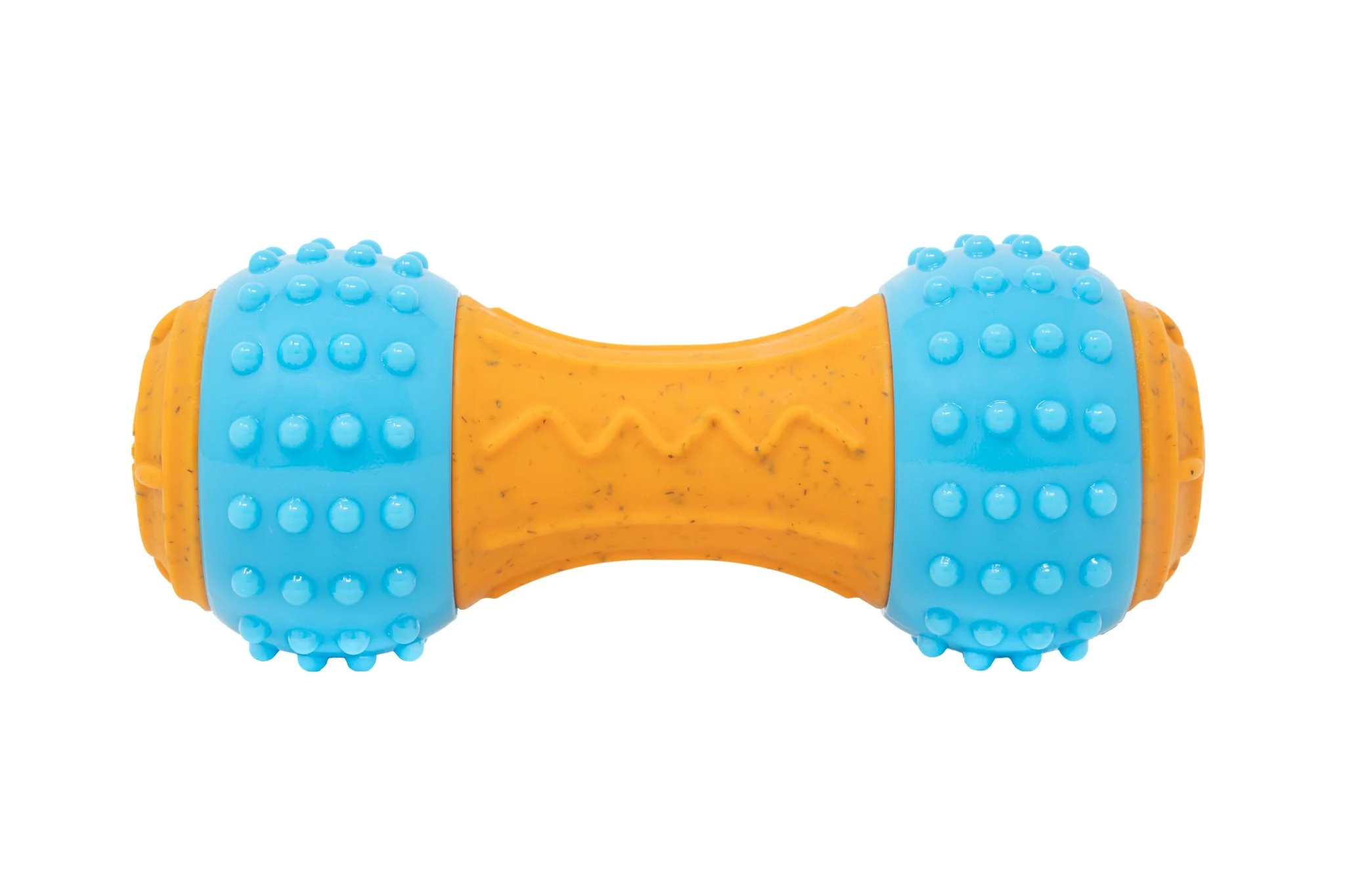 Close-up studio product photography of a Bamboodles Giggler Bone dog toy, featuring its orange centre and textured blue ends against a white background. Captured to showcase the product's materials, shape and surface details for commercial pet produc