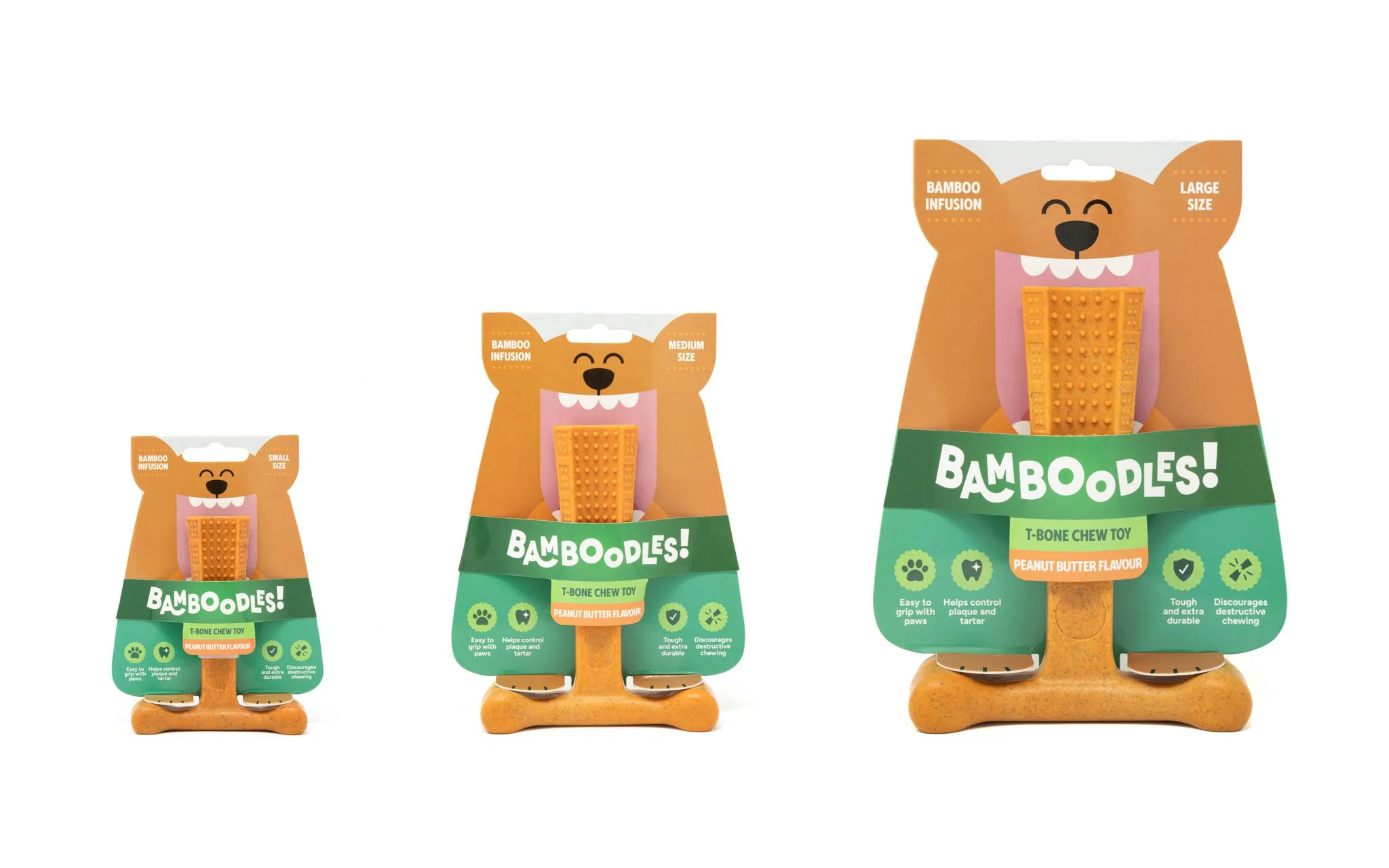 Commercial studio product photography showcasing the Bamboodles dog chew range in illustrated packaging, providing clean, consistent imagery suitable for online shops, catalogues and advertising.