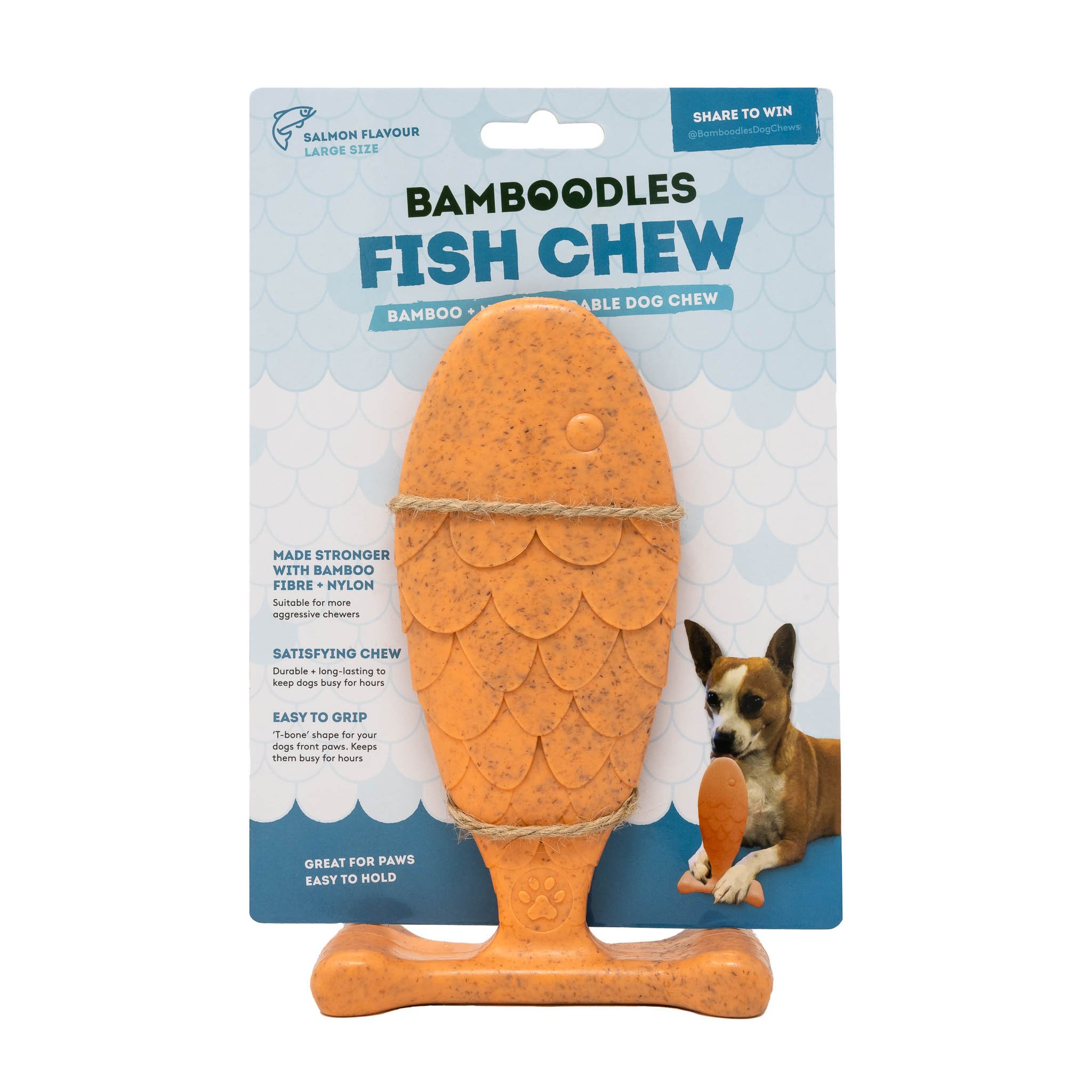 Professional studio product photography of a Bamboodles Fish Chew in its retail packaging, captured against a clean white background for use in e-commerce, product catalogues and advertising.