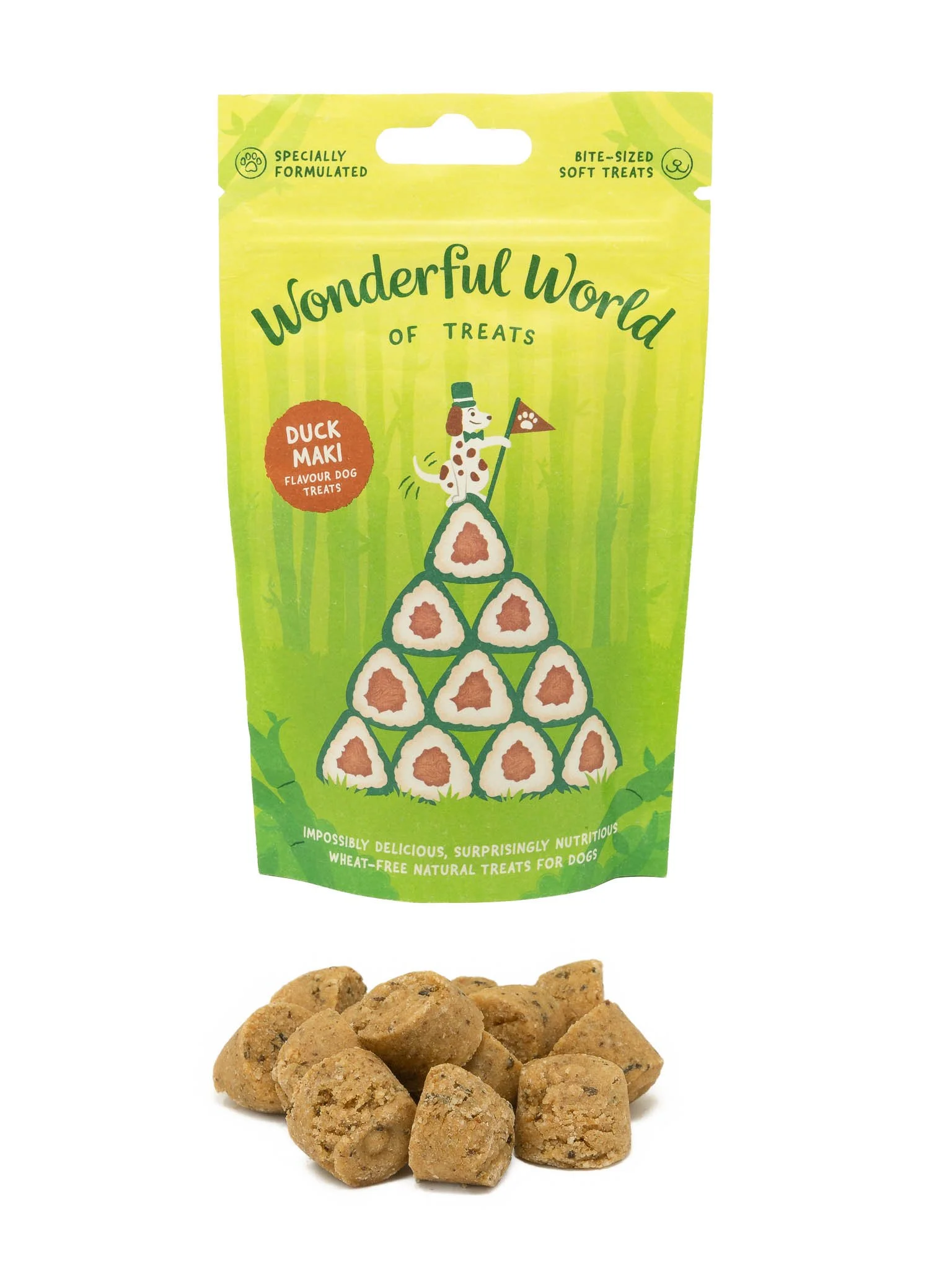 Professional commercial product photography featuring a packet of Salmon Maki flavour dog treats from The Wonderful World of Treats, with individual treats arranged in the foreground. Photographed against a clean white background to highlight the col