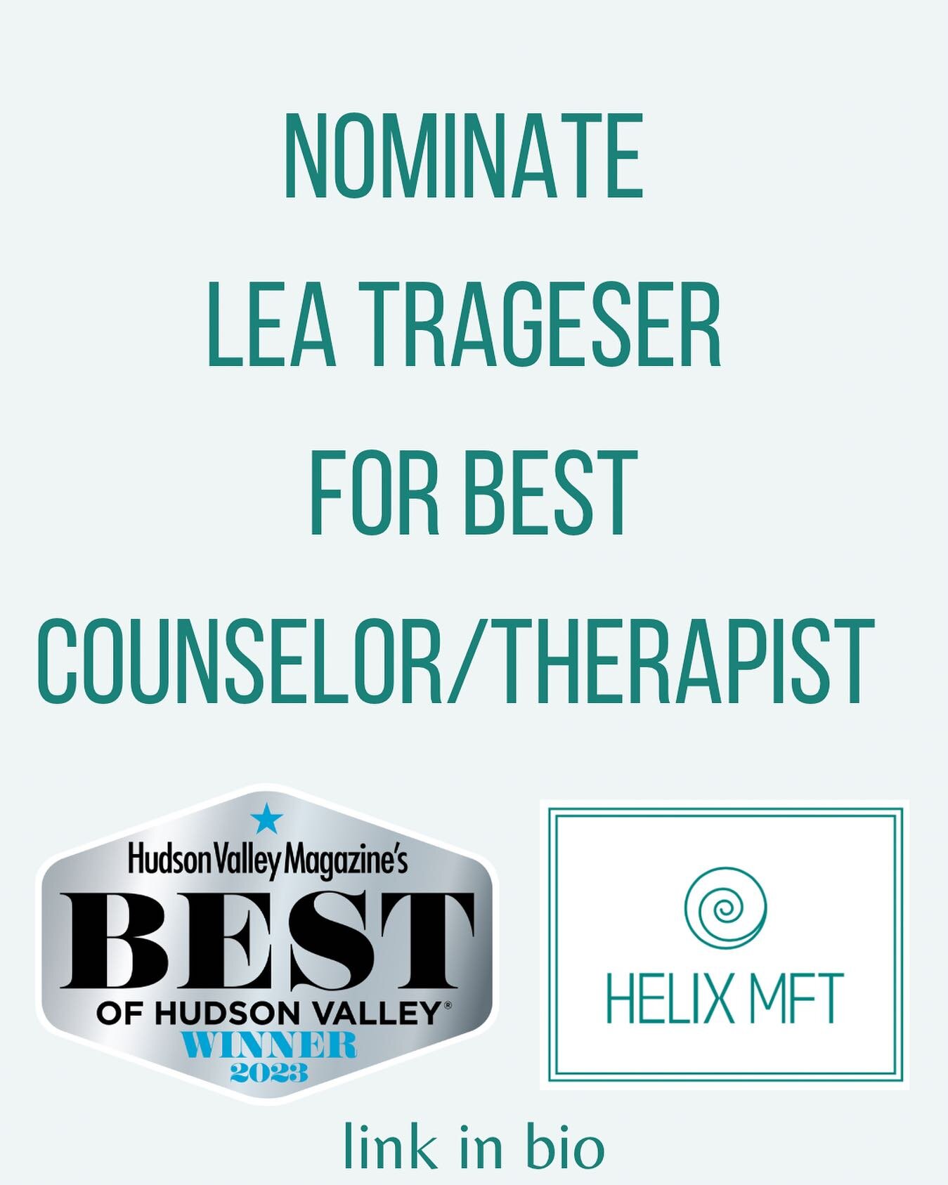 In 2023 I was so grateful and honored to be voted Best Therapist in the Hudson Valley. Let&rsquo;s make it two years in a row! 

Nominations end 1/31
Your support is so appreciated 💙
LINK IN BIO

🌀Learn more at helixmft.com

Disclaimer: this post i