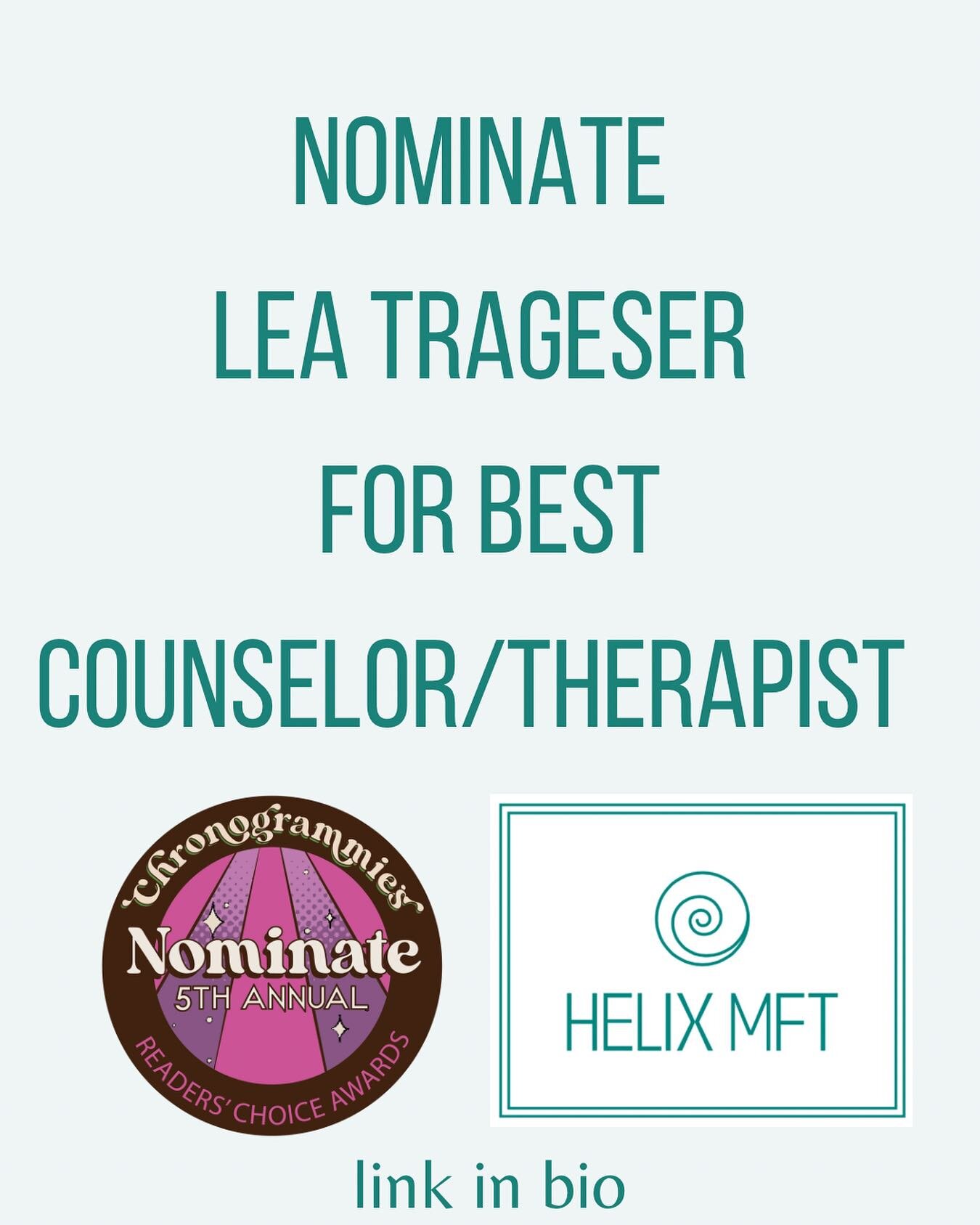 ✨Link in bio!

In 2023 I was so grateful to be voted #1 Therapist/Counselor in the #chronogrammies 

Nominations for 2024 are open through 2/15 and your support is SO appreciated! 

🌀Learn more at helixmft.com

Disclaimer: this post is for education