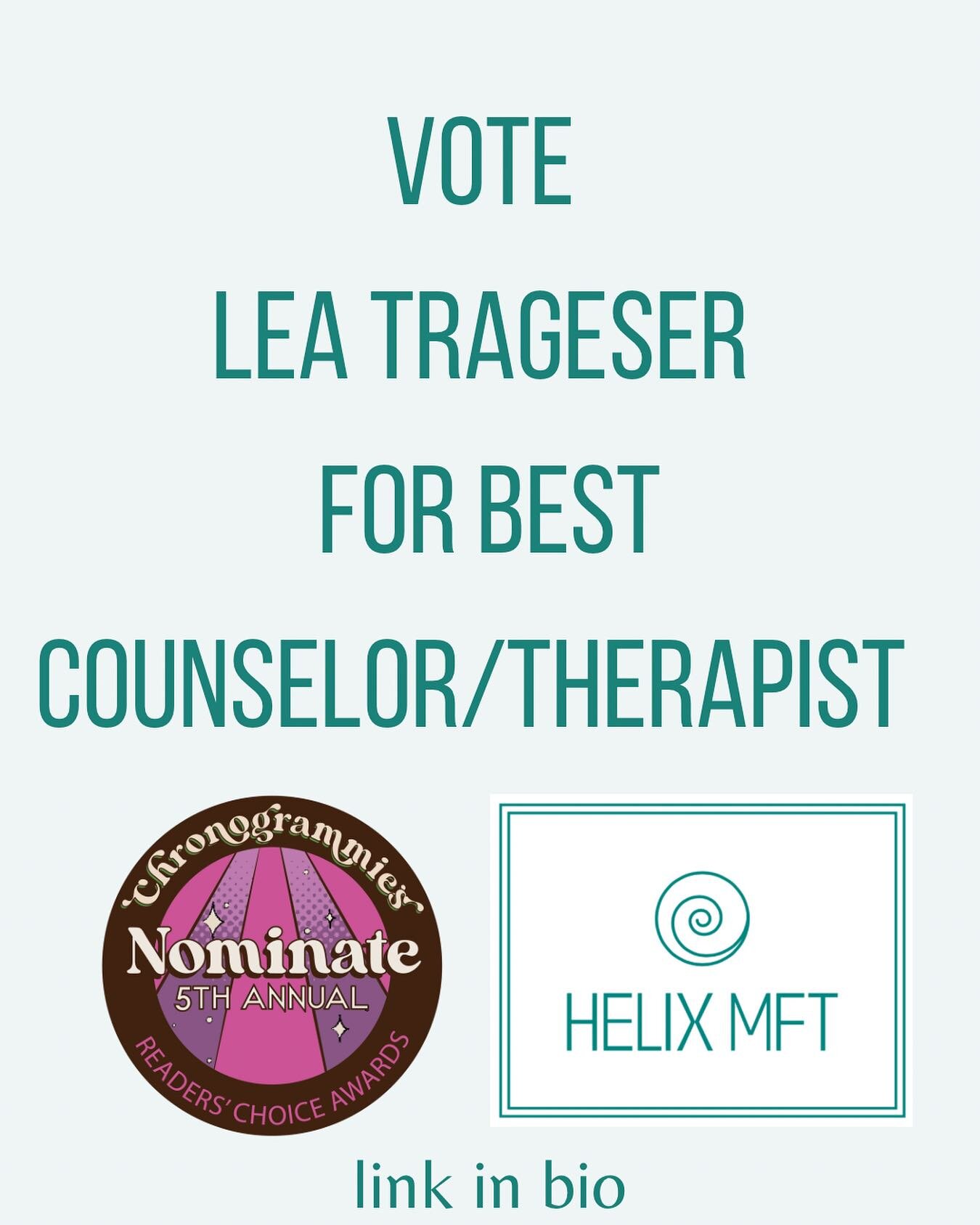 Thank you to everyone who has supported me this far! I am so honored and excited to have made it to the final round of the 2024 Chronogrammies! Winning #1 Counselor/Therapist in 2023 was such an unreal honor, and I&rsquo;m hoping to go back to back i