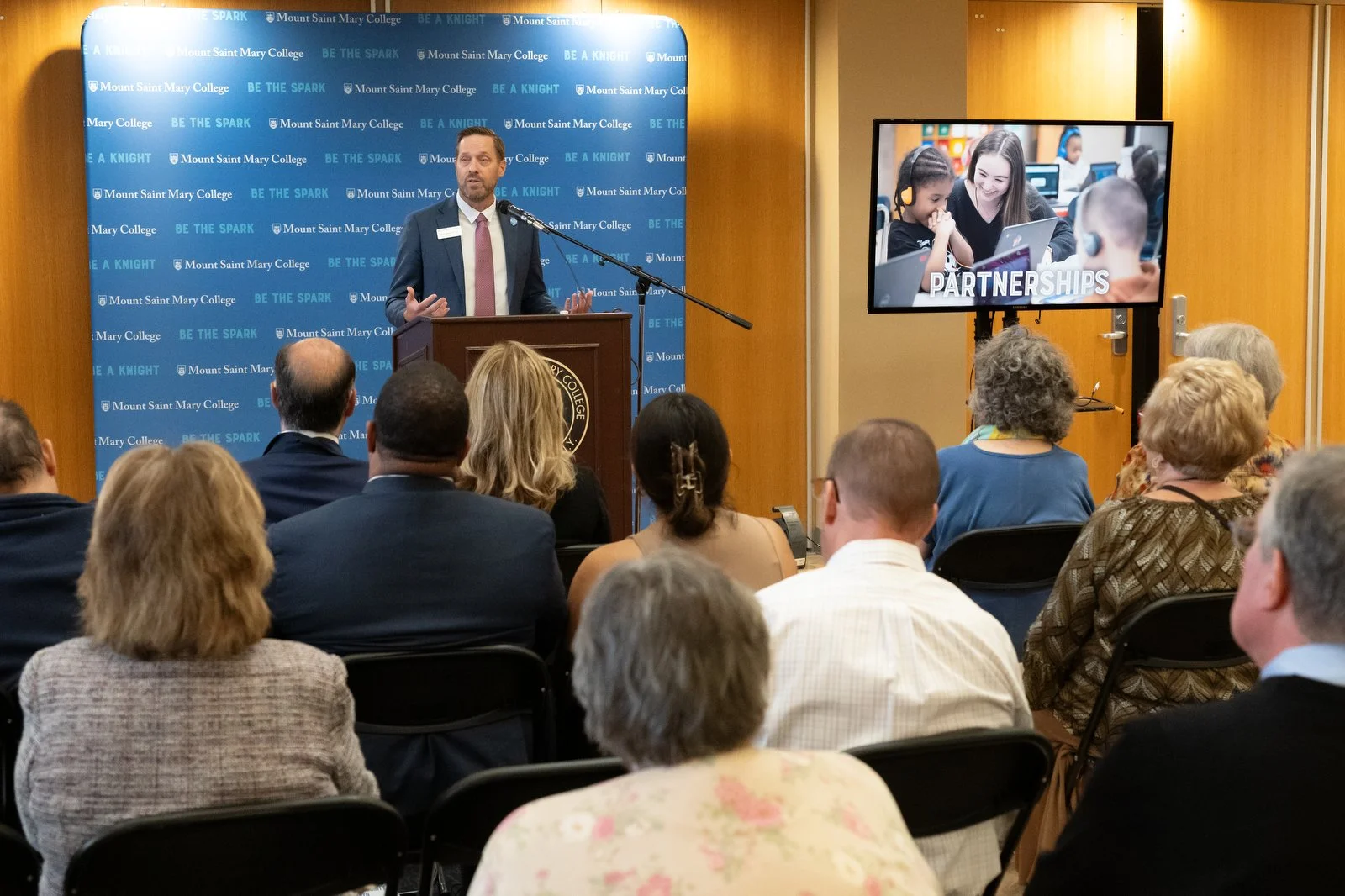  Evan Merkhofer, Vice President for Academic Affairs at the Mount, addresses an audience of about 75 local leaders, alumni, and friends of the college at the recent “Climbing Higher: Meet the Leaders of the Mount” event.  