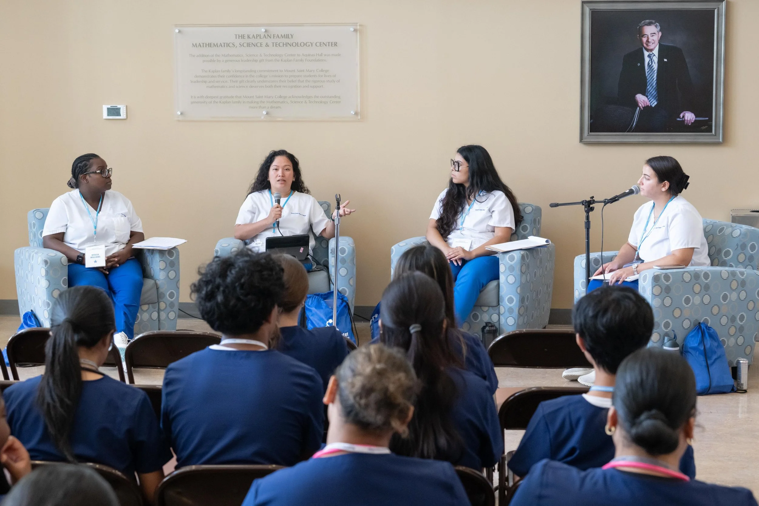   High school students attend a panel discussion with current nursing students during the Summer Institute for Nursing Exploration. Left to right: students Myasia Williams of Poughkeepsie, N.Y., Michelle Tingson-Pregno of Highland, N.Y., and Patricia