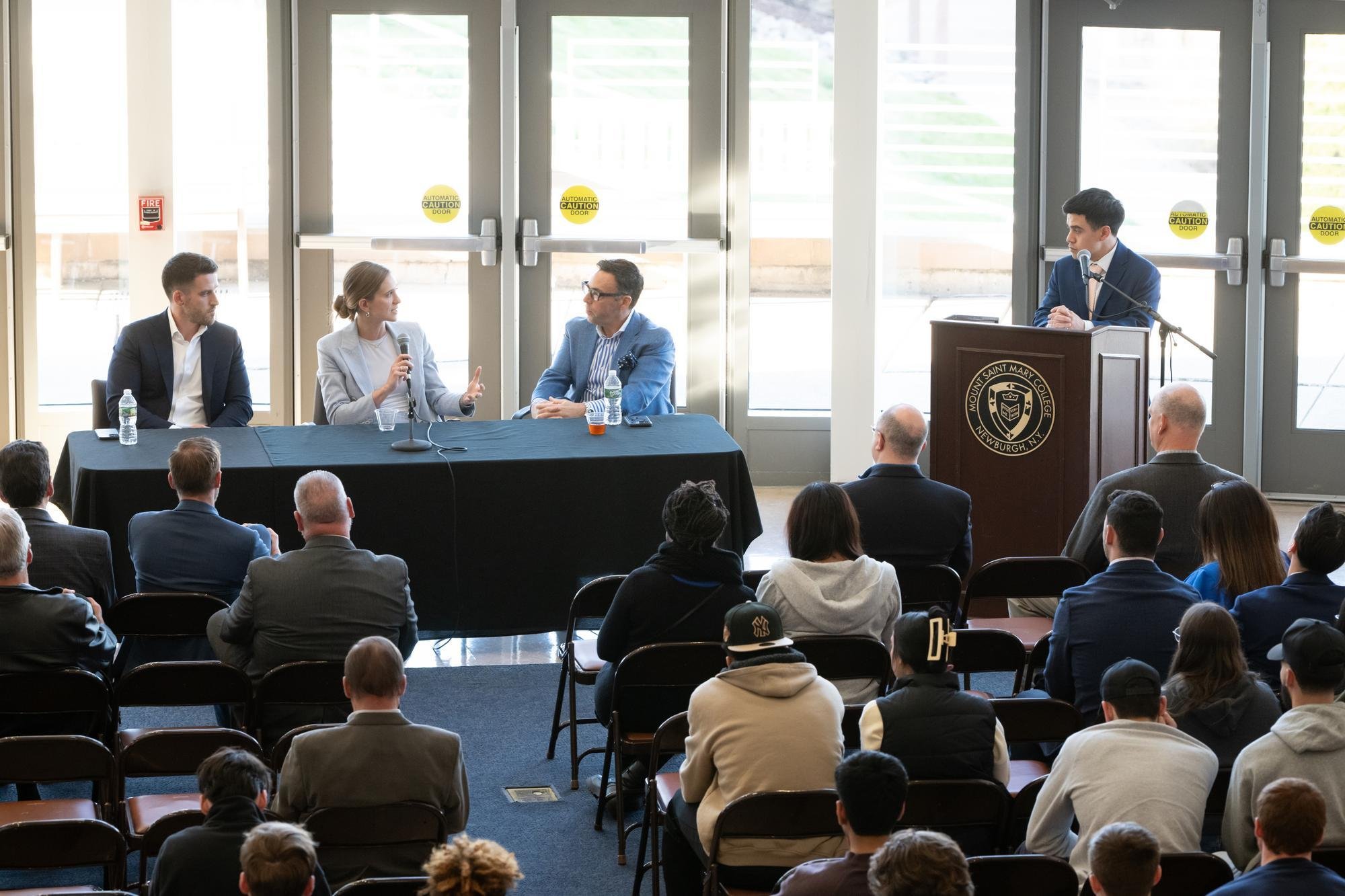 Left to right: Ryan Hayes ’18, Associate of Fundraising at Apollo Global Management; Elyse Ausenbaugh, Global Investment Strategist at J.P. Morgan Private Bank; Philip J. DeAngelo, Managing Director of Focused Wealth Management and Vice Chair of t