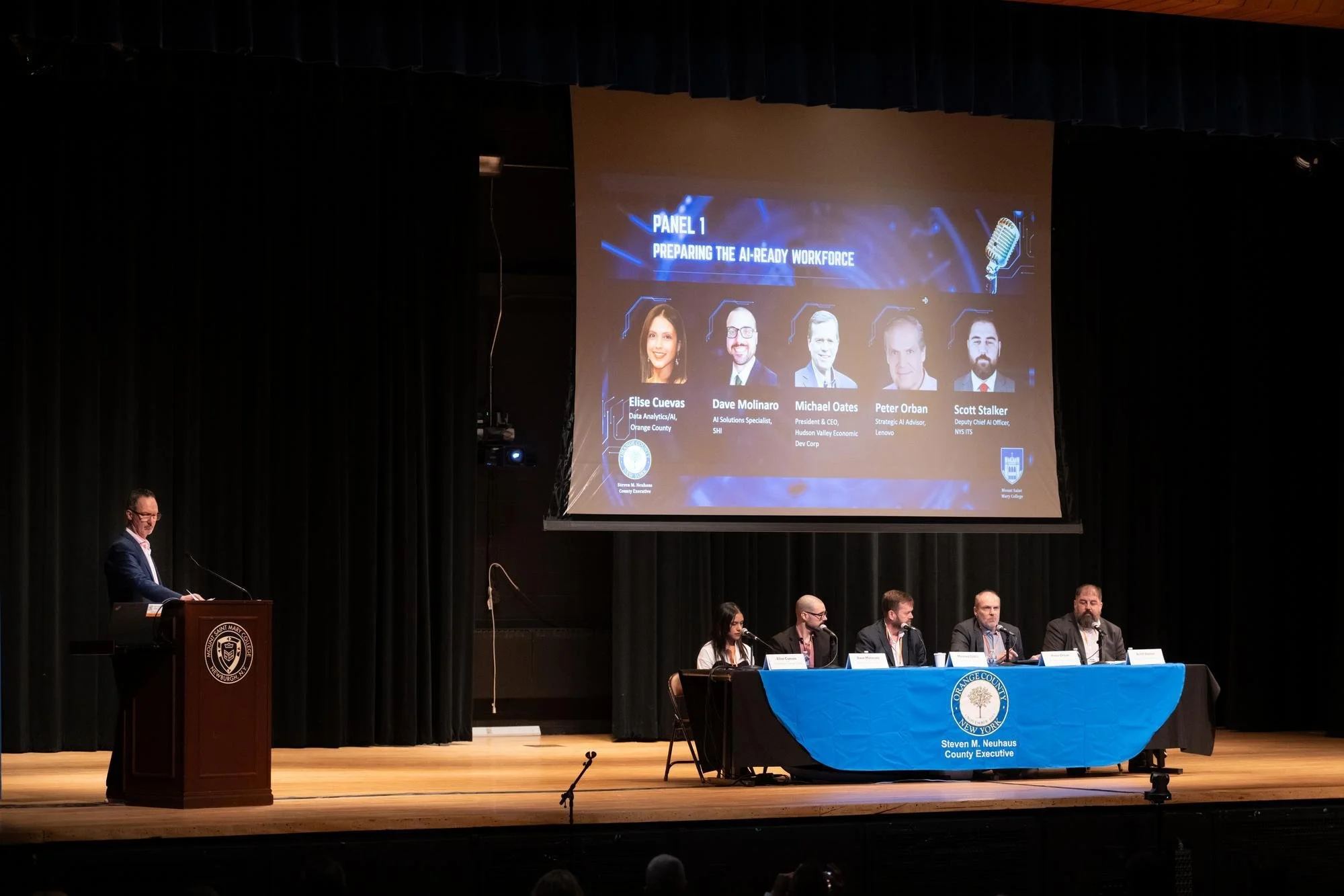   A panel of experts discusses the economic impact of AI in the Hudson Valley, featuring (middle) Michael Oates, President and CEO of the Hudson Valley Economic Development Corporation and a college trustee. Oates highlighted how programs like the Mo