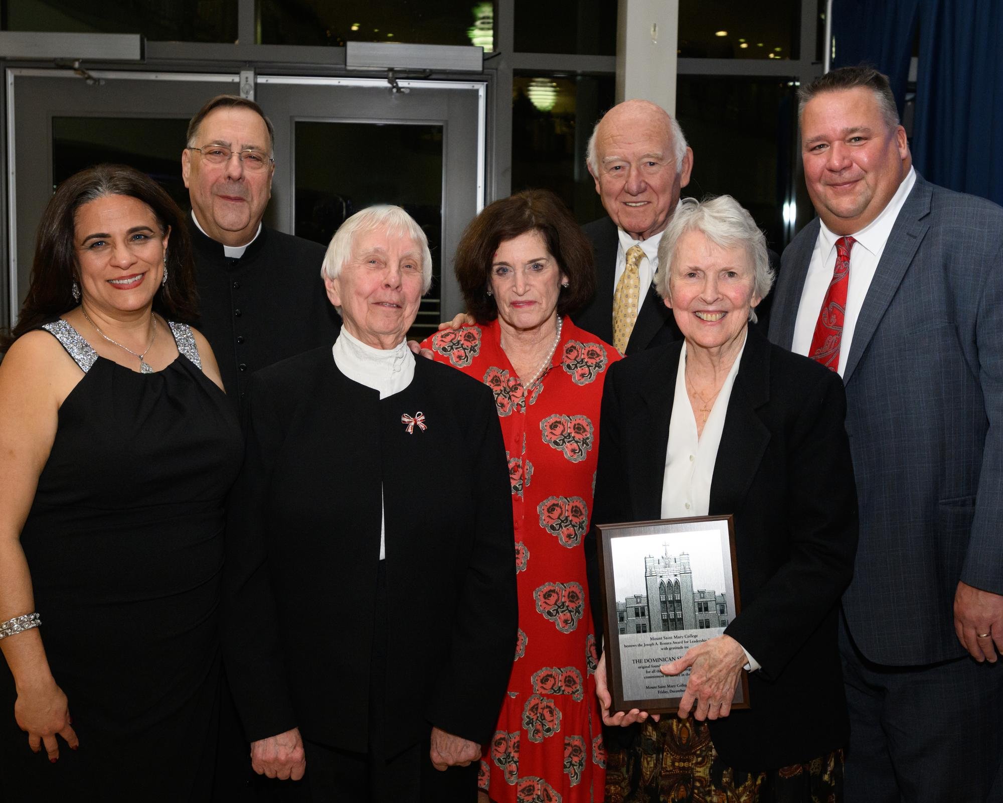   Left to right: Nikki Khurana-Baugh, vice president for Advancement; Fr. Gregoire Fluet, Interim President of the Mount; Sr. Joann Boneski OP ’65; Joan Kaplan, Executive Director of the William and Elaine Kaplan Family Private Foundations; Joseph A.