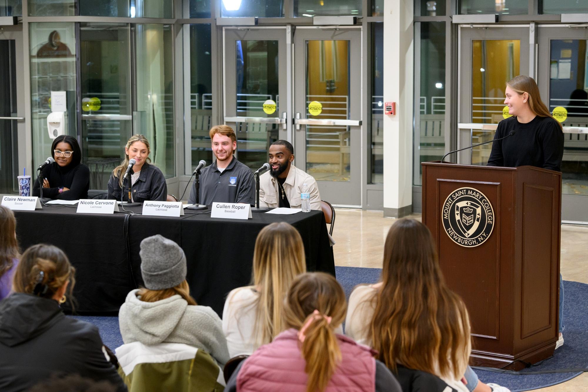   Mount alumni on the panel were, left to right: Claire Newman, Nicole Cervone, Anthony Paggiotta, and Cullen Roper.  