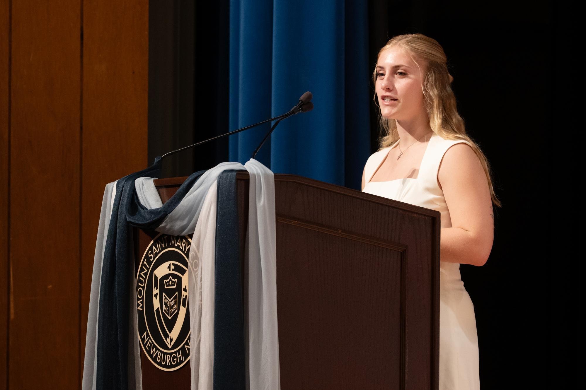 Graduate Gianna Robertson, president of the Mount’s Student Nurses’ Association, discussed the Class of 2025’s futures in the nursing profession at the nurse pinning ceremony on Friday, May 16. She also earned the School of Nursing Leadership Award