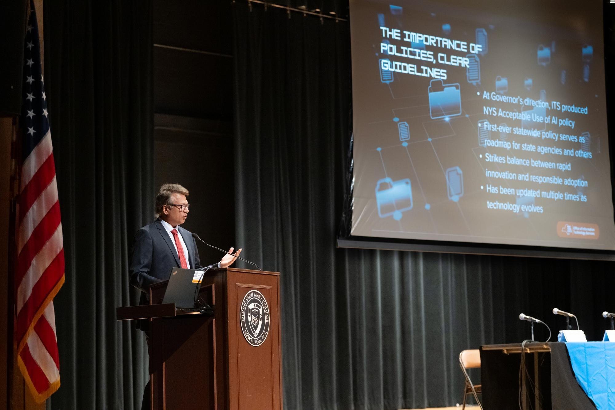   New York State Chief Information Officer Dru Rai delivers the keynote address, outlining the Empire AI initiative and the state’s strategy for infrastructure, equity, and the responsible integration of generative models in government services.  