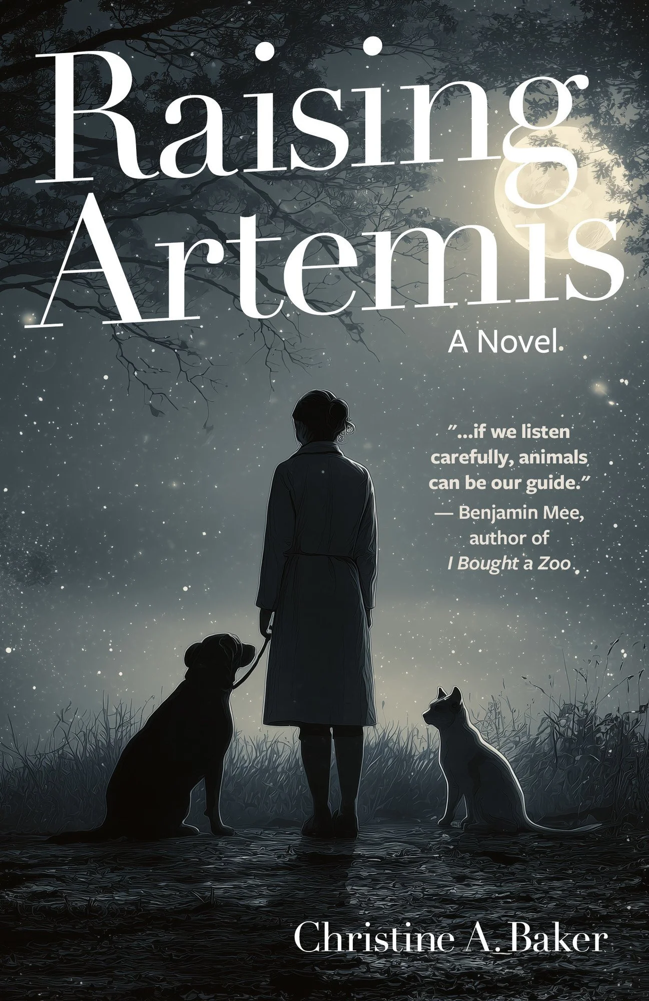 "Raising Artemis" book cover. The cover depicts a person holding a leash to a dog, with a cat to their right.