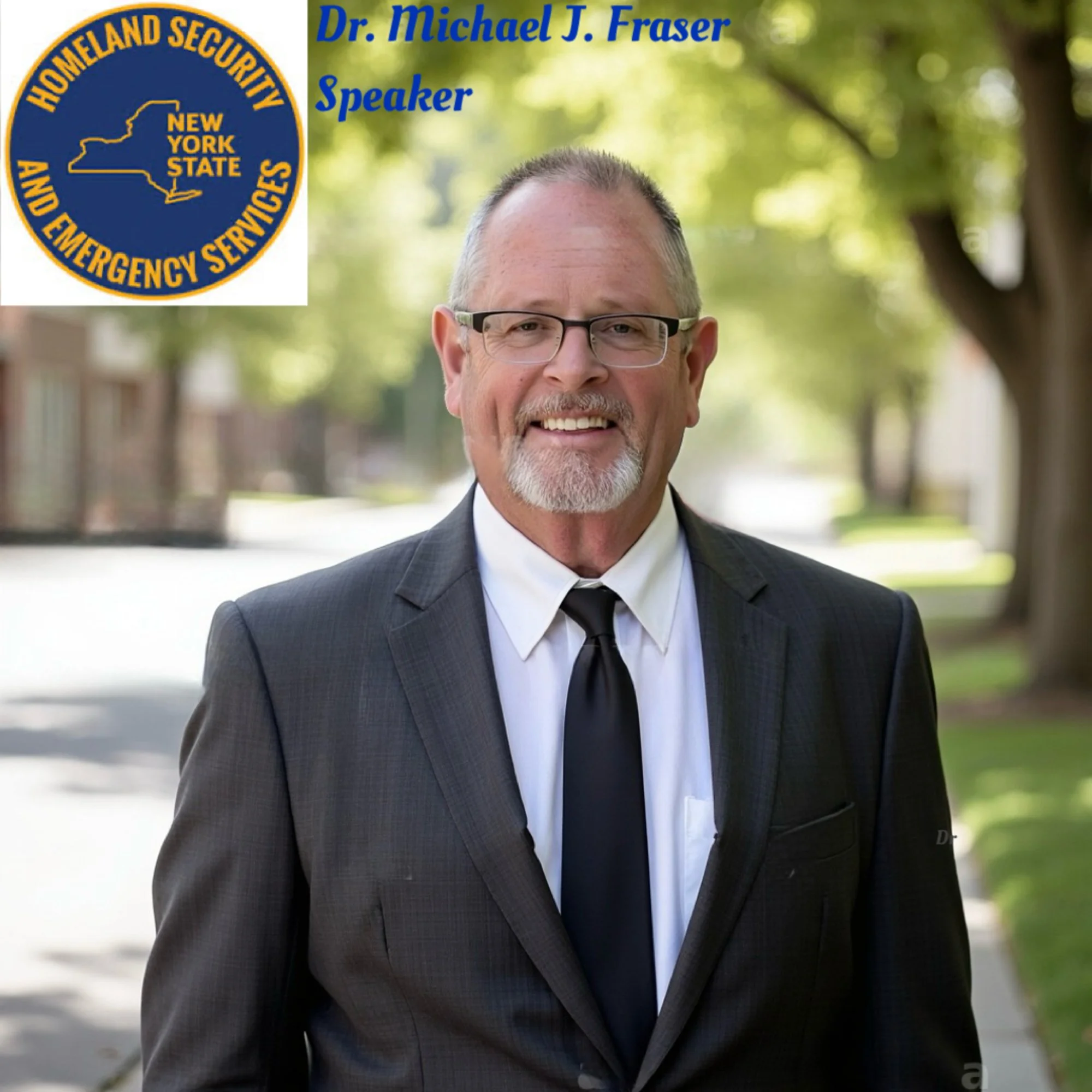 Michael J. Fraser wears a suit and tie with lush trees blurred behind him. Text overlay on the image reads "Dr. Michael J. Fraser, Speaker," and the New York State Homeland Security and Emergency Services logo.