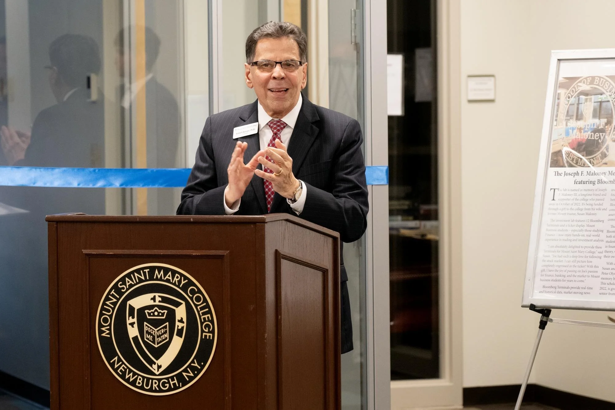   Dr. Robert Gervasi, president of Mount Saint Mary College, discussing the positive impact the Joseph F. Maloney Memorial Investment Lab will have on Business students.  