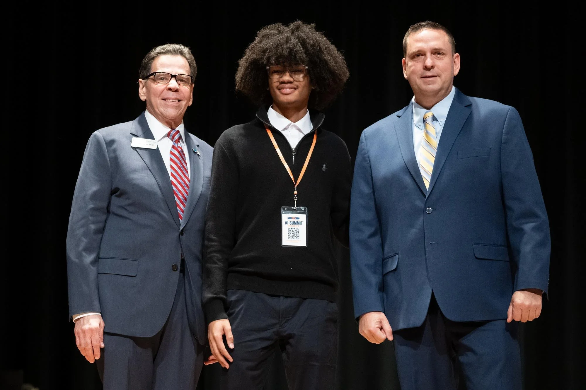   Left to right: Mount President Dr. Robert Gervasi; Josiah Maddicks, the 2025 recipient of the Hudson Valley Regional Cyber Scholarship; and Orange County Executive Steve Neuhaus, a 1996 graduate of the Mount. Orange County Government introduced the