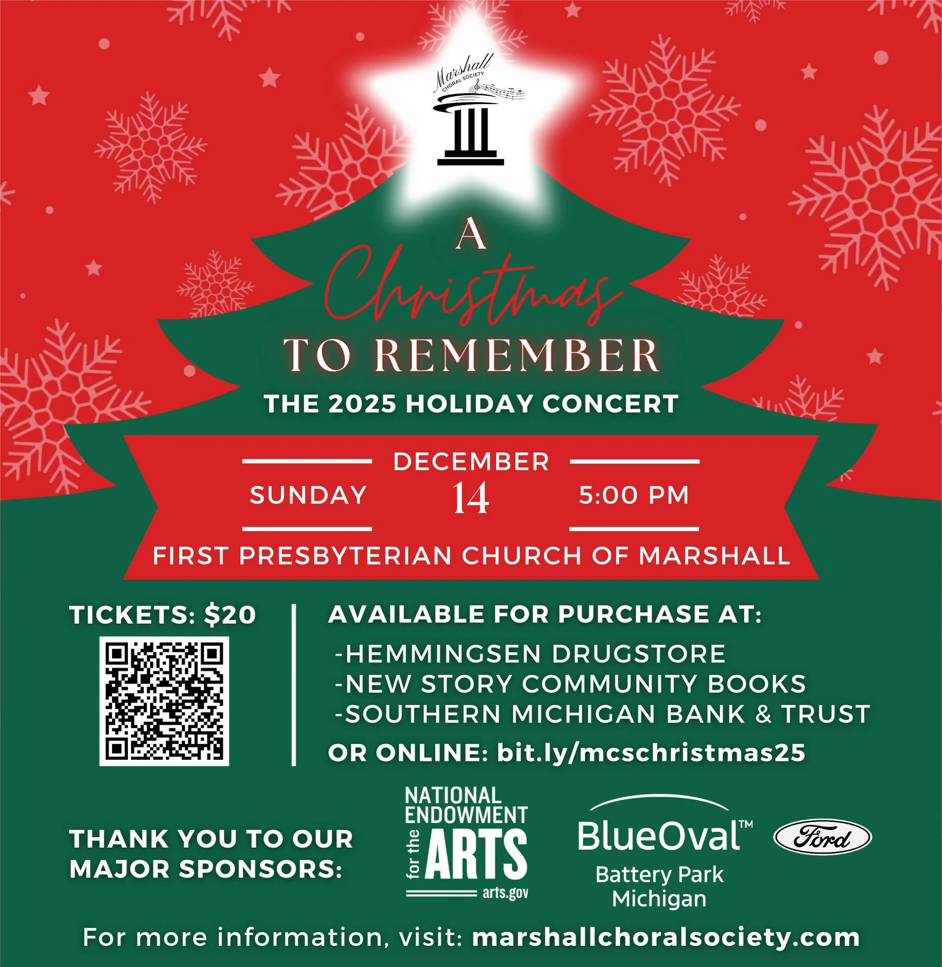It will surely be "A Christmas to Remember" at the Marshall Choral Society's 2025 holiday concert! Join us on Sunday, December 14, 2025 from 5:00-6:00PM at the First Presbyterian Church of Marshall for an unforgettable evening of Christmas 