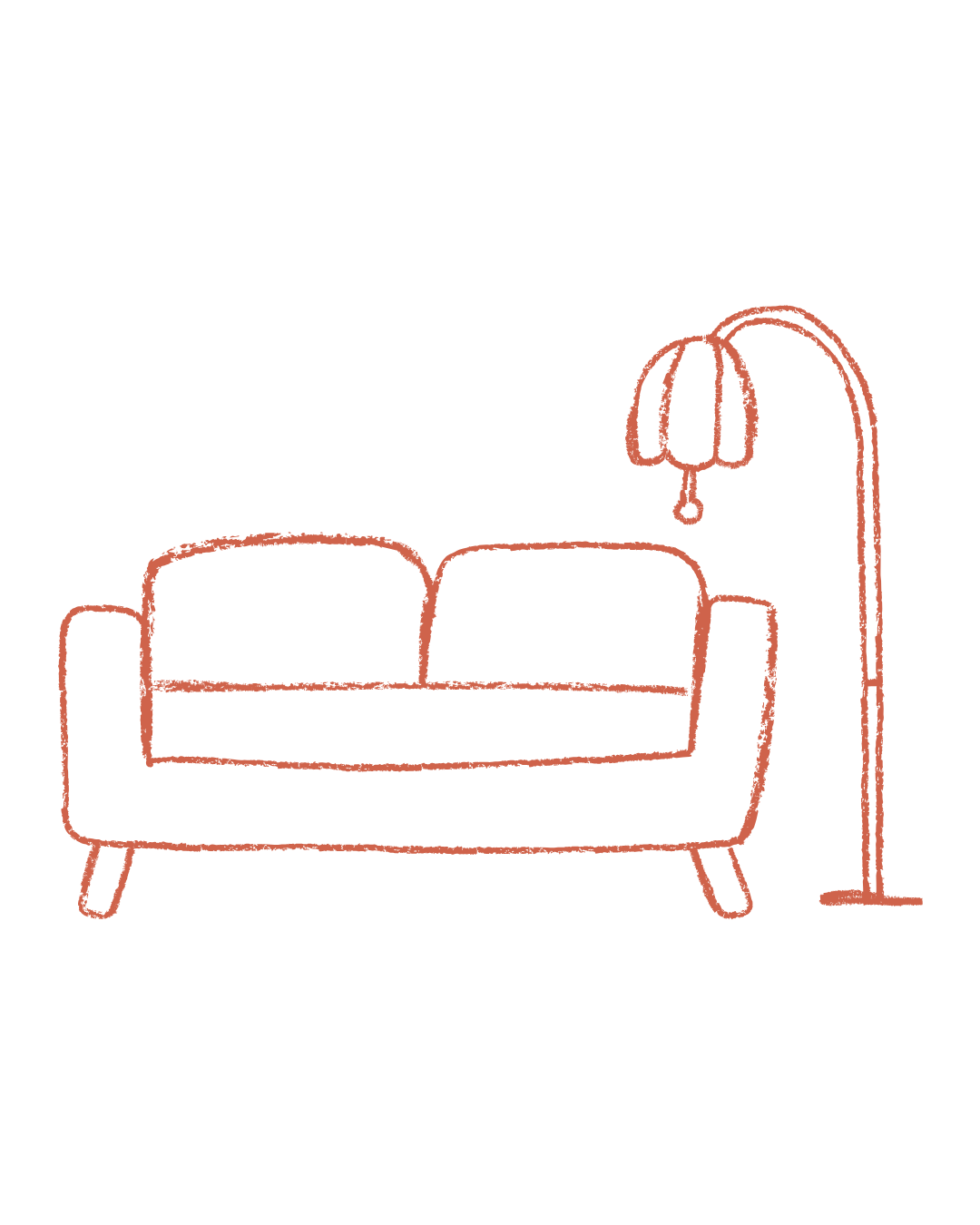 Line drawing of a sofa with a floor lamp beside it.