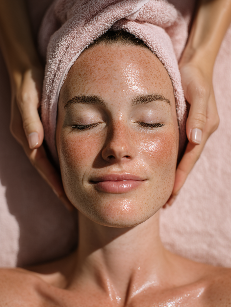 A woman with closed eyes and light skin lying down, receiving a facial massage, with a pink towel wrapped around her head.