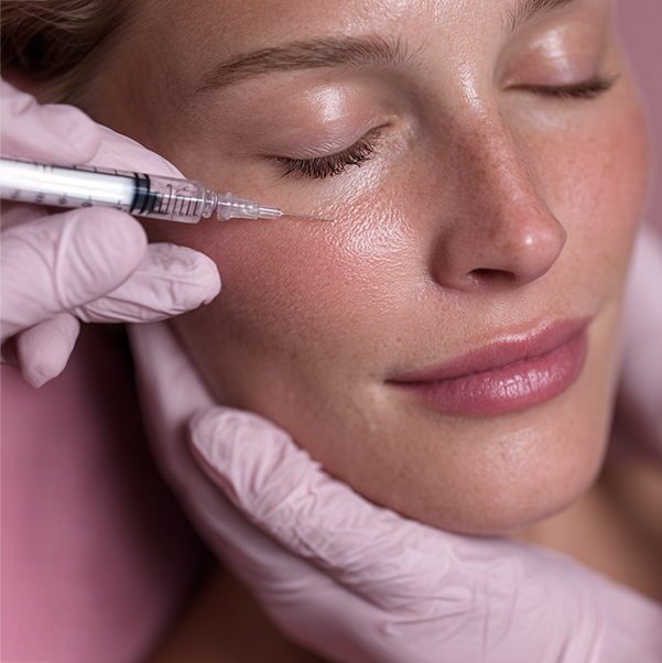A woman receiving a cosmetic facial injection near her cheek, with closed eyes and a slight smile.