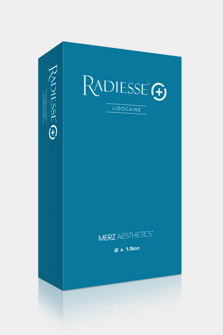 Blue box of Radiesse lidocaine dermal filler with branding and product details.