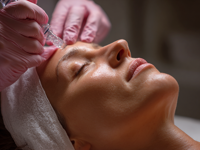 A woman receiving a facial treatment with a syringe, lying with her eyes closed.