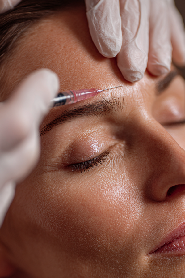 Close-up of a woman with closed eyes receiving an injection in her forehead for cosmetic treatment, with a healthcare professional wearing gloves administering the injection.