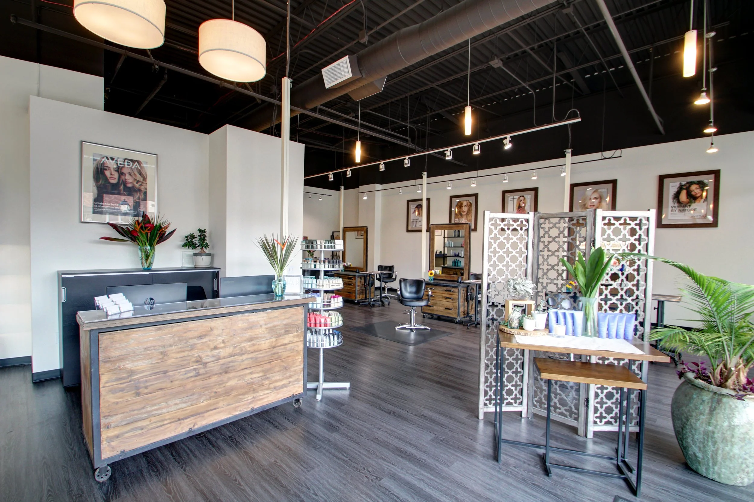 Interior of a stylish hair salon with wooden flooring, modern lighting, framed hair styling posters on the wall, and various hair styling stations with mirrors and chairs, decorated with plants and beauty products on shelves.