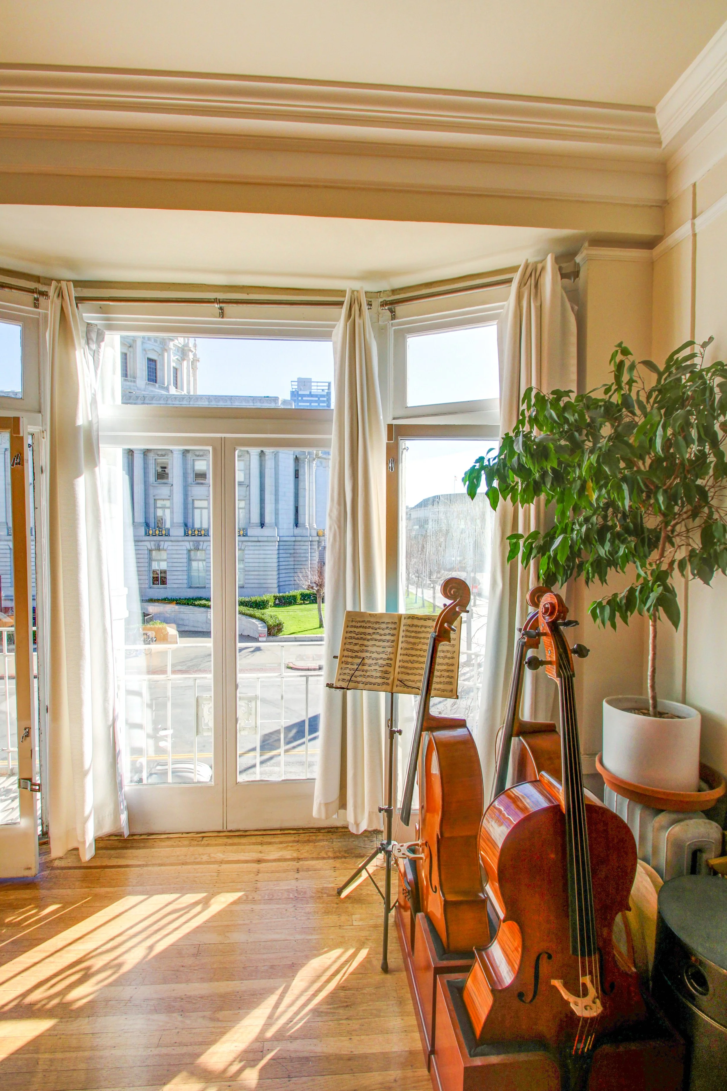Room with large windows, cream-colored curtains, a music stand with sheet music, a cello, and a double bass in front of a potted plant, with sunlight casting shadows on the wooden floor.