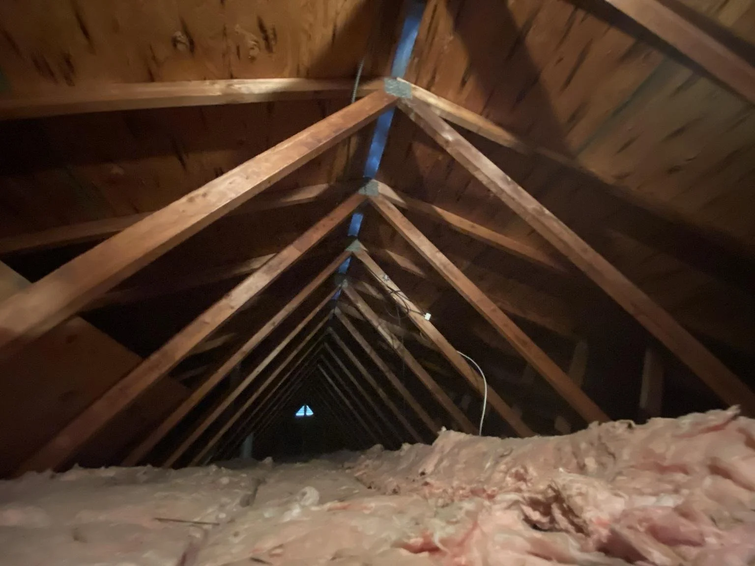 Attic mold inspection in Northbrook IL showing roof framing and ventilation conditions