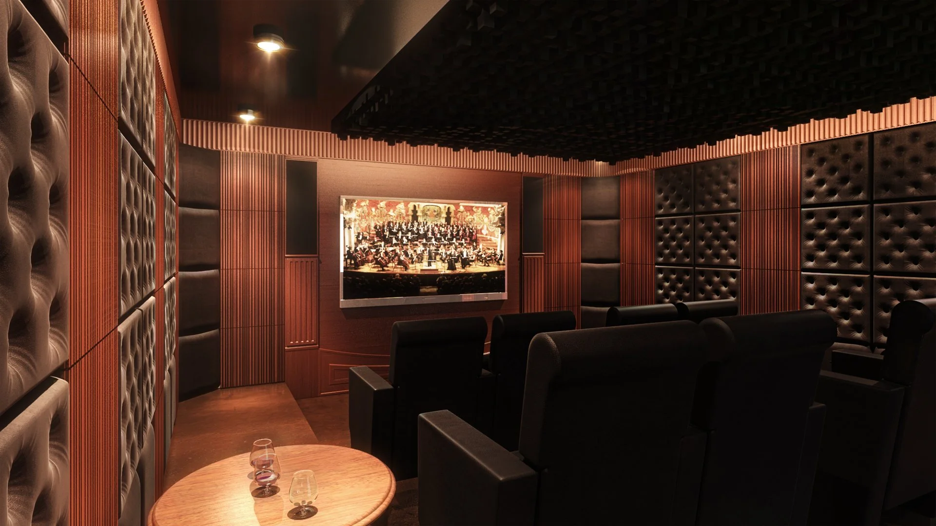 A home theater with leather recliner seats, a flat-screen TV showing an orchestra, and wooden acoustic wall panels