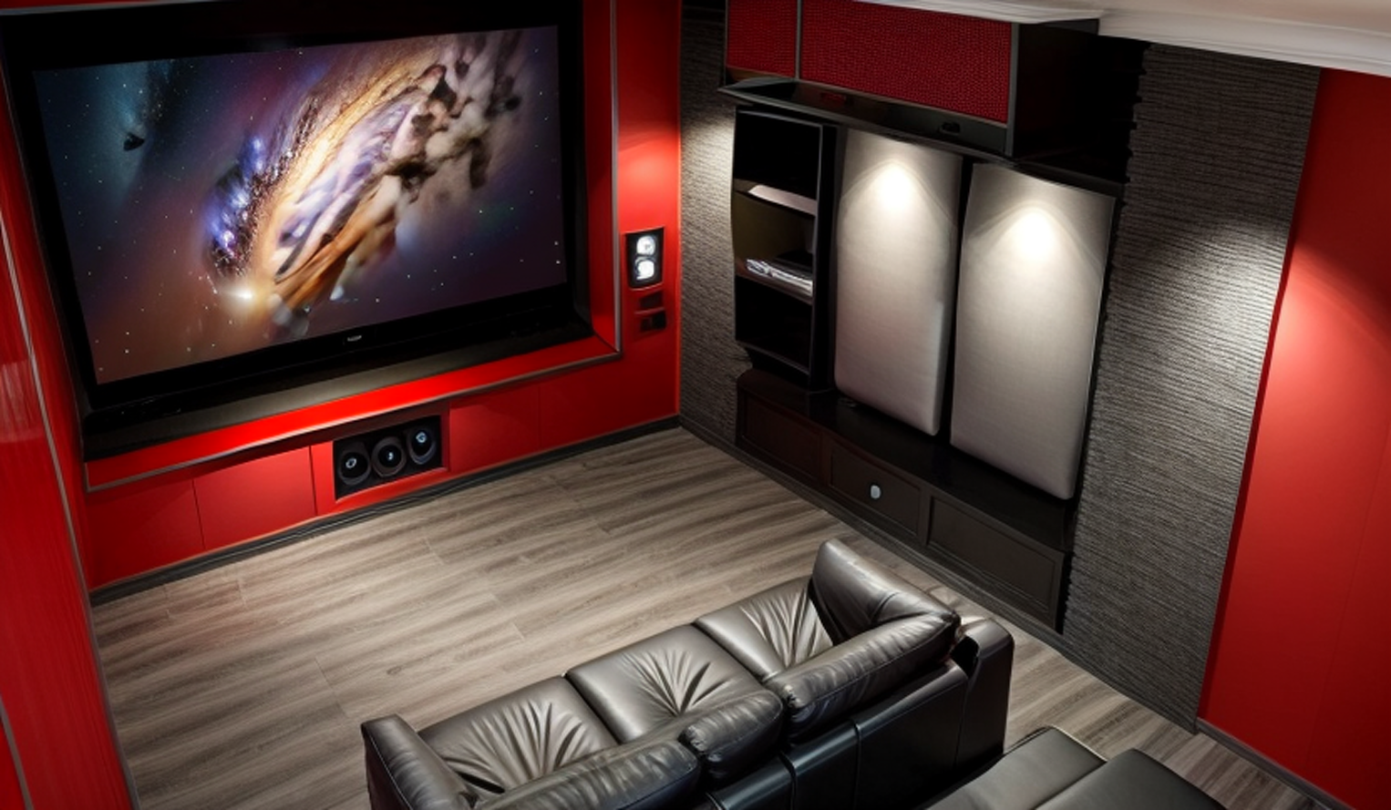 Home theater room with large wall-mounted screen, black and red accents, leather seating, and wood flooring.