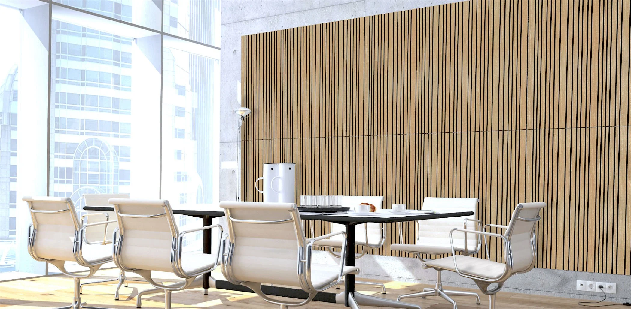 Modern conference room with large windows, wooden wall panels, a black table, and white office chairs.