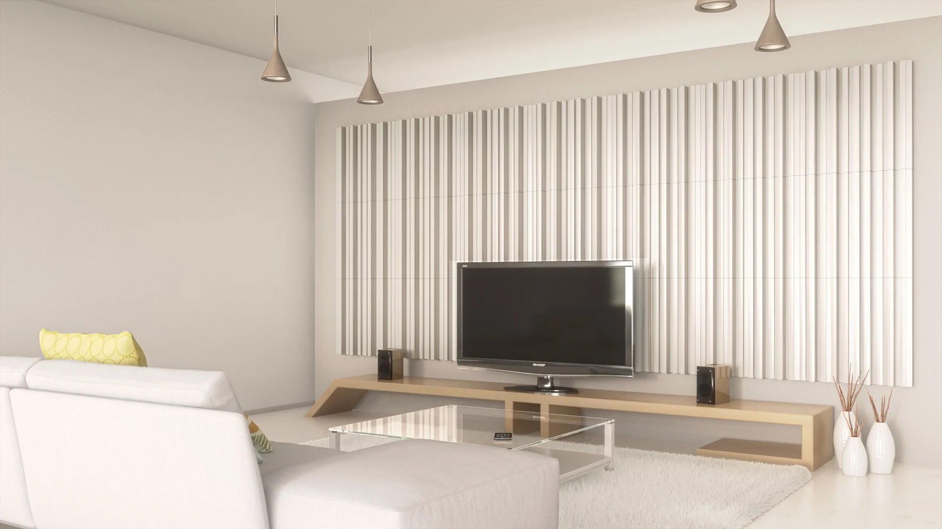 Modern living room with a beige couch, glass coffee table, flat-screen TV on a wooden shelf, decorative wall panels, white vases with dried branches, and pendant lighting.
