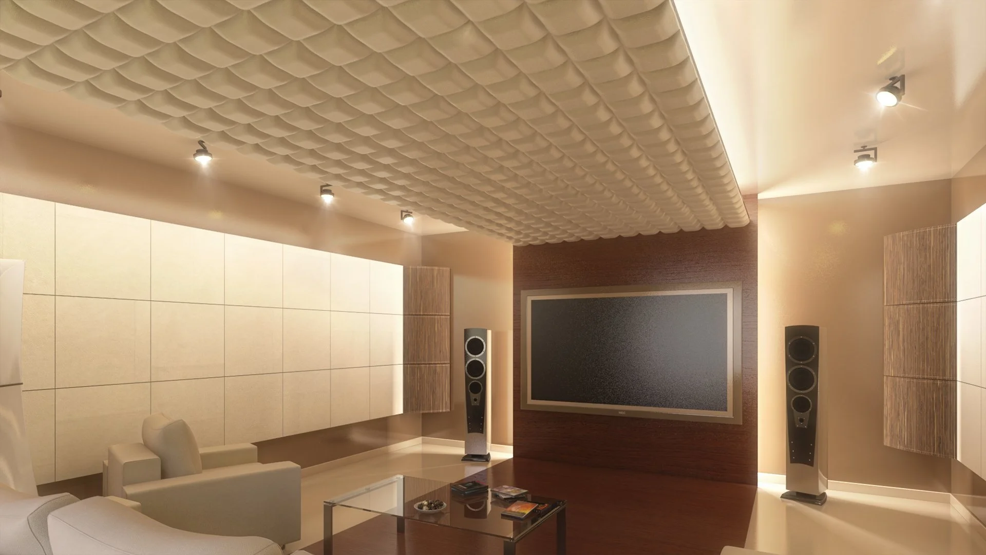 Modern living room with beige walls, cream-colored chairs, a glass coffee table with magazines and decorative items, large flat-screen TV mounted on a wood-paneled wall, and tall speakers on either side. Suspended acoustic panels are on the ceiling, 