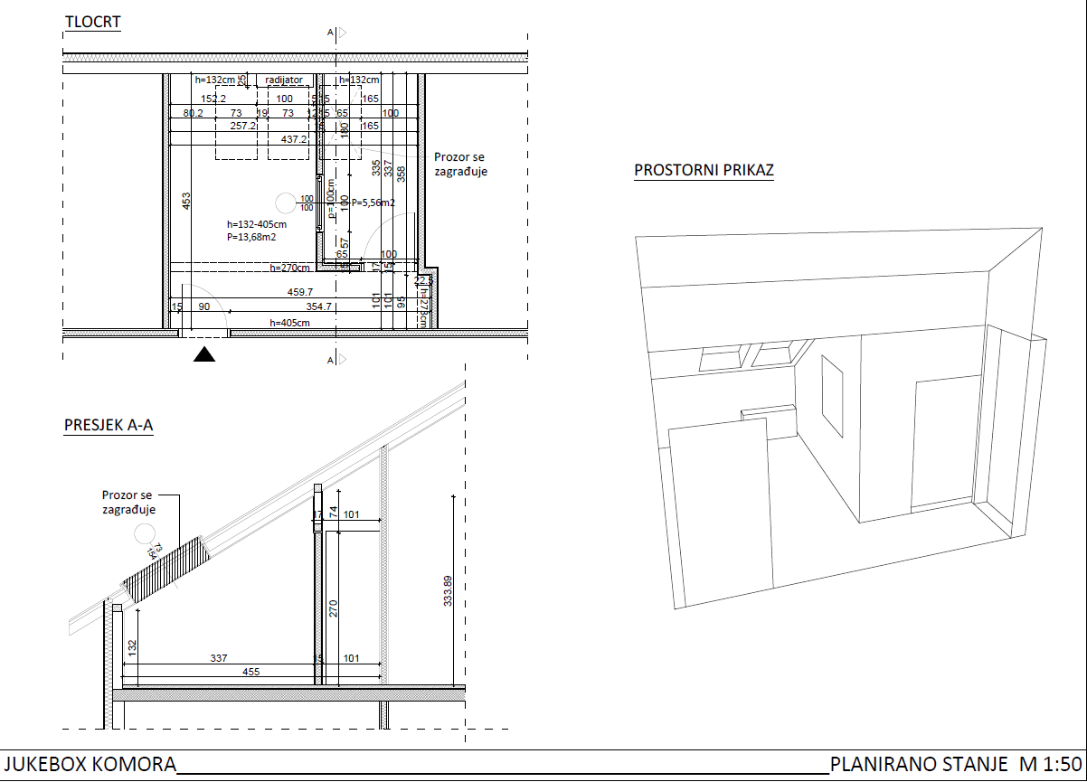Architectural technical drawing of a room with detailed measurements, section views, and a 3D perspective view.
